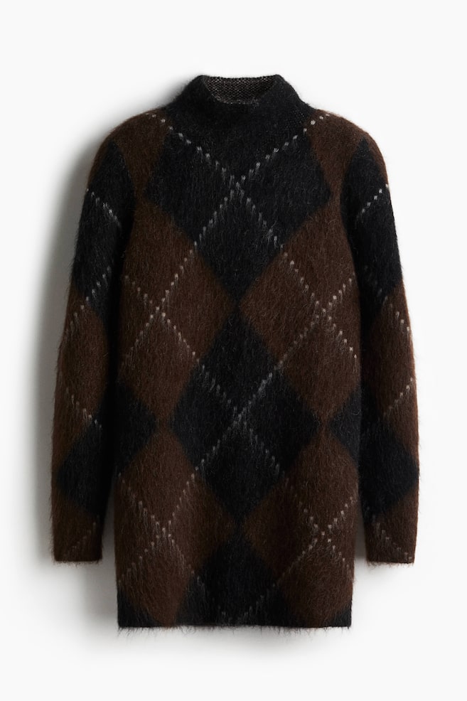 A front-facing sweater is featuring a brown and black argyle pattern with thin white diagonal lines, showcasing a fuzzy texture and a mock neck. - 1