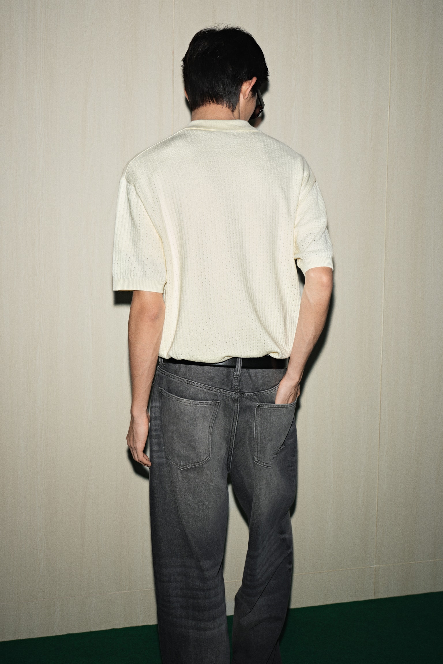 寬鬆剪裁紋理感針織Polo衫 - 奶油色/黑色 - 5