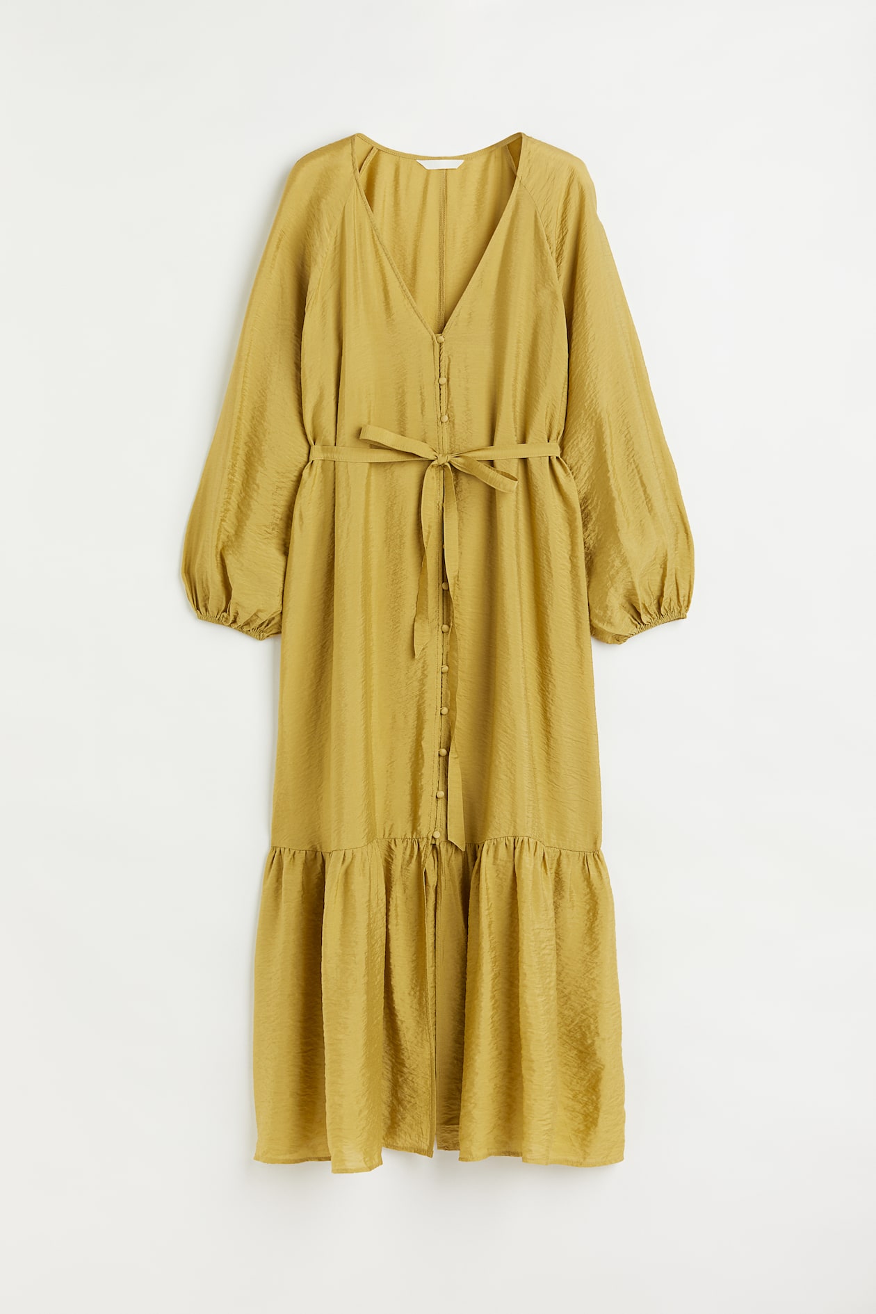Tie-belt balloon-sleeved dress - V-neck - Long sleeve - Olive 