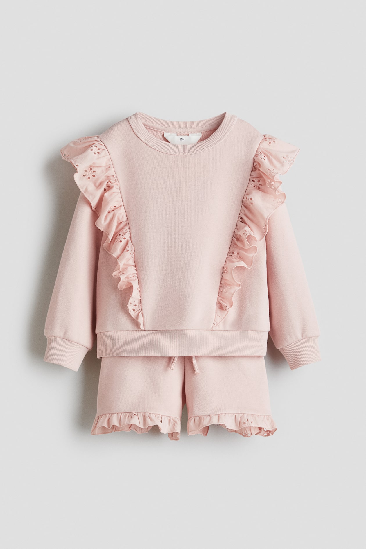 Light pink 2-Piece Ruffle-Trimmed Sweatshirt and Shorts for kids | H&M US