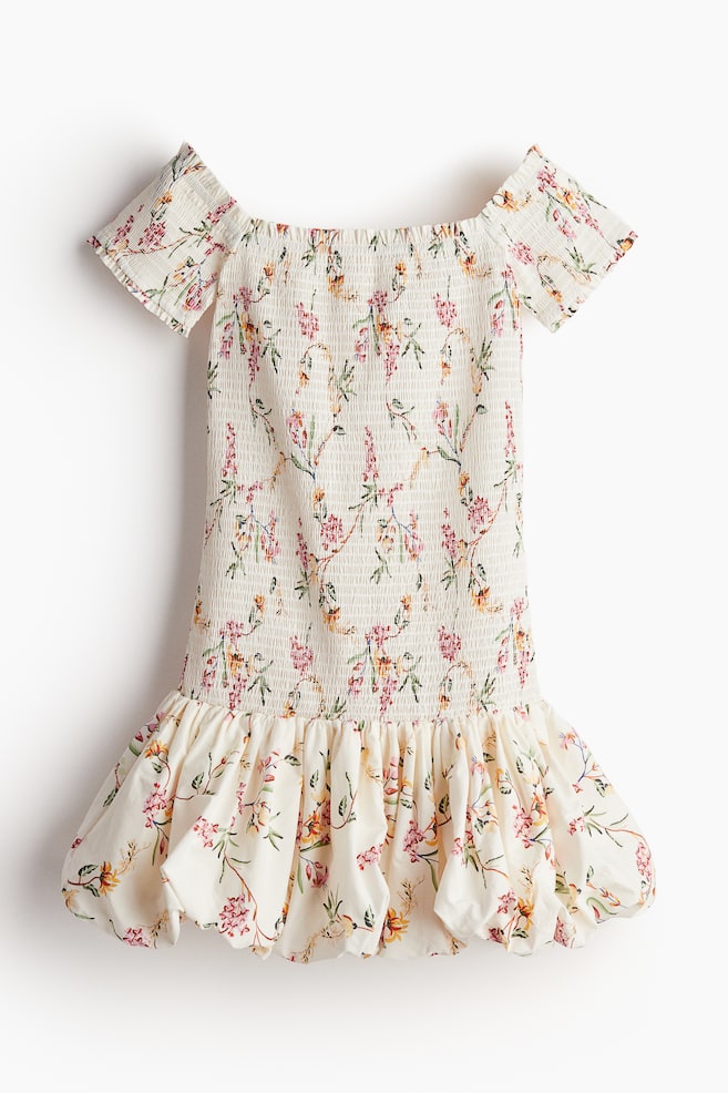 Vestido off-the-shoulder con sección nido de abeja - Crema/Floral/Rosa/Estampado - 1