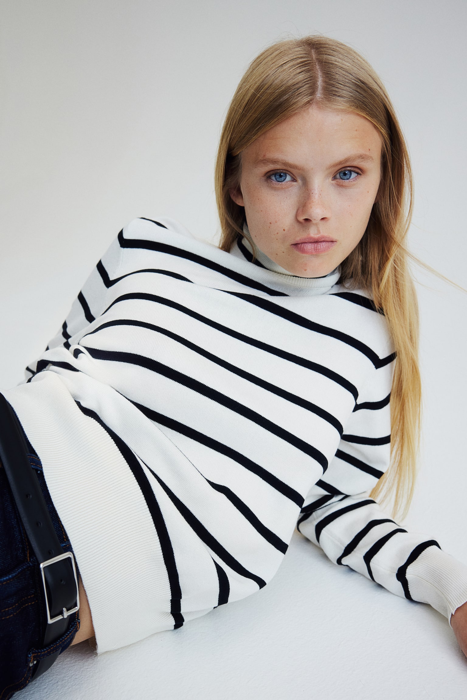 Polo-neck jumper - White/Striped/Navy blue/Grey marl/White/Black - 5