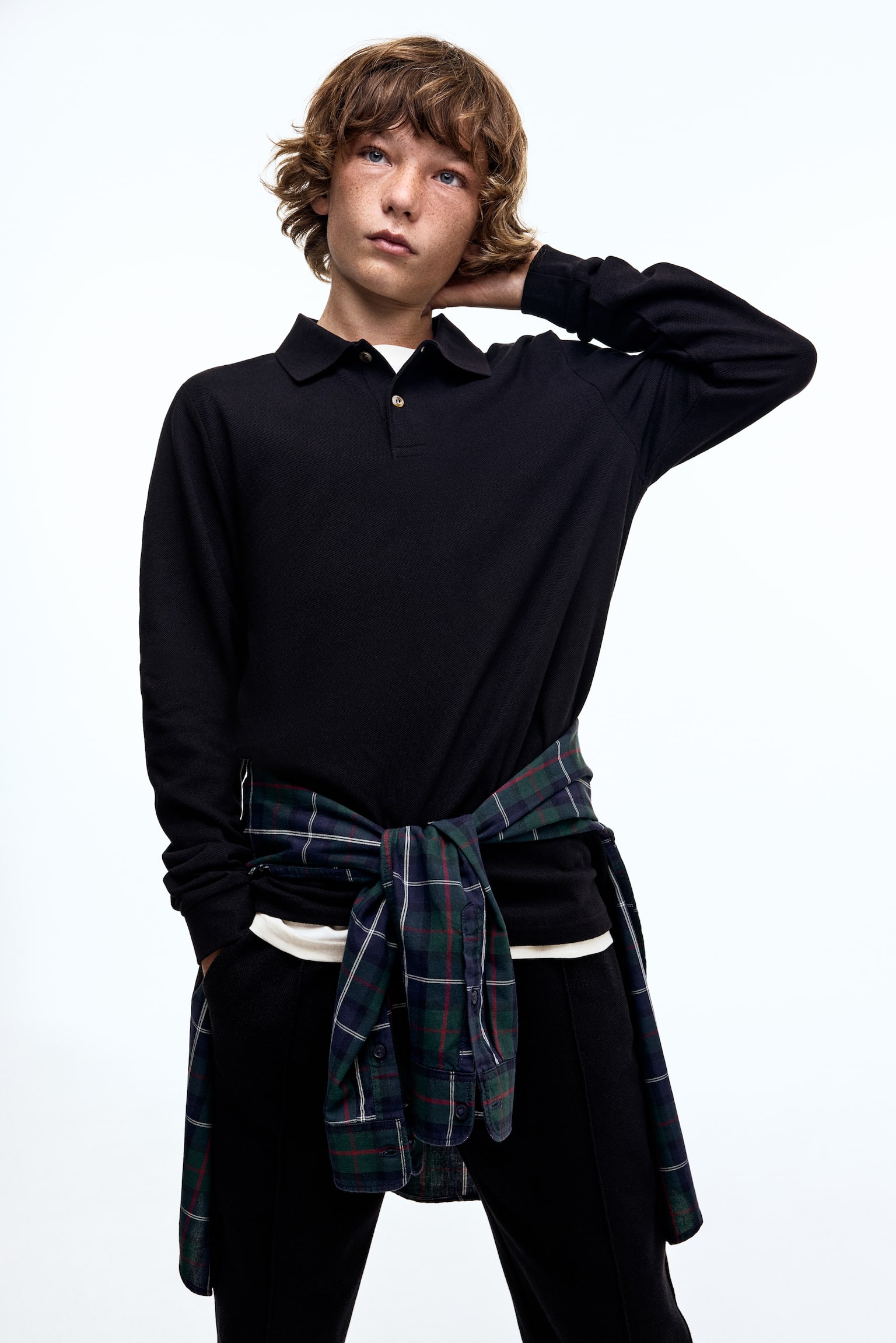 Long-Sleeved Cotton Polo Shirt - Black - 3