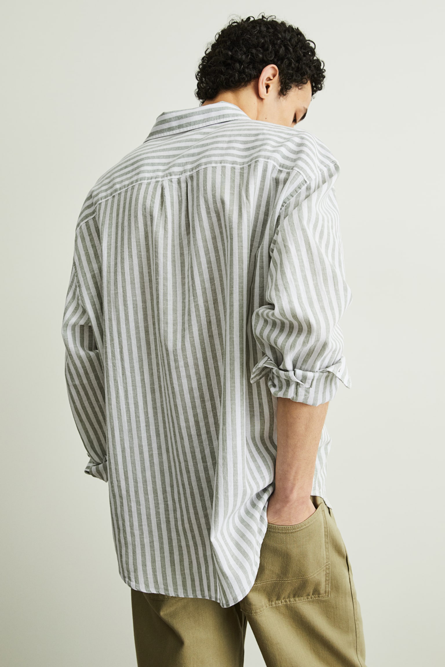 Relaxed Fit Linen-blend shirt - Khaki green/Striped/Beige/White - 7