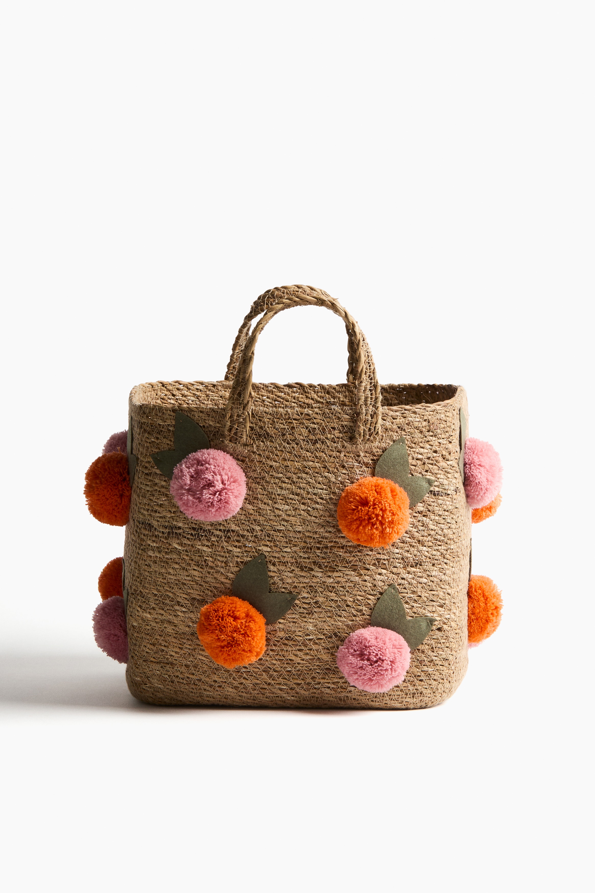 Liten oppbevaringskurv av sjøgress med pomponger - Beige/Rosa/Orange