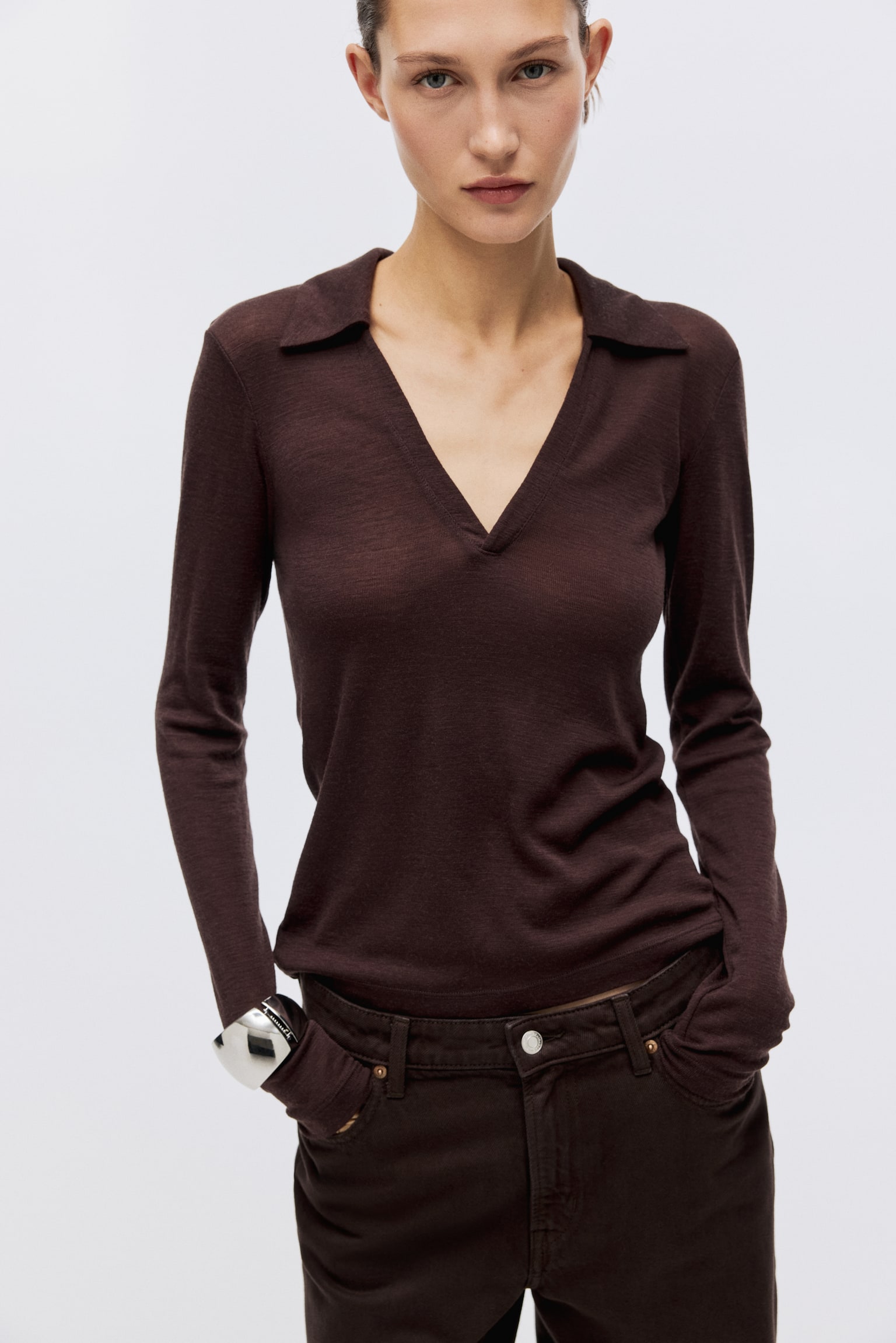 Wool jersey top - Dark brown/Grey marl - 6