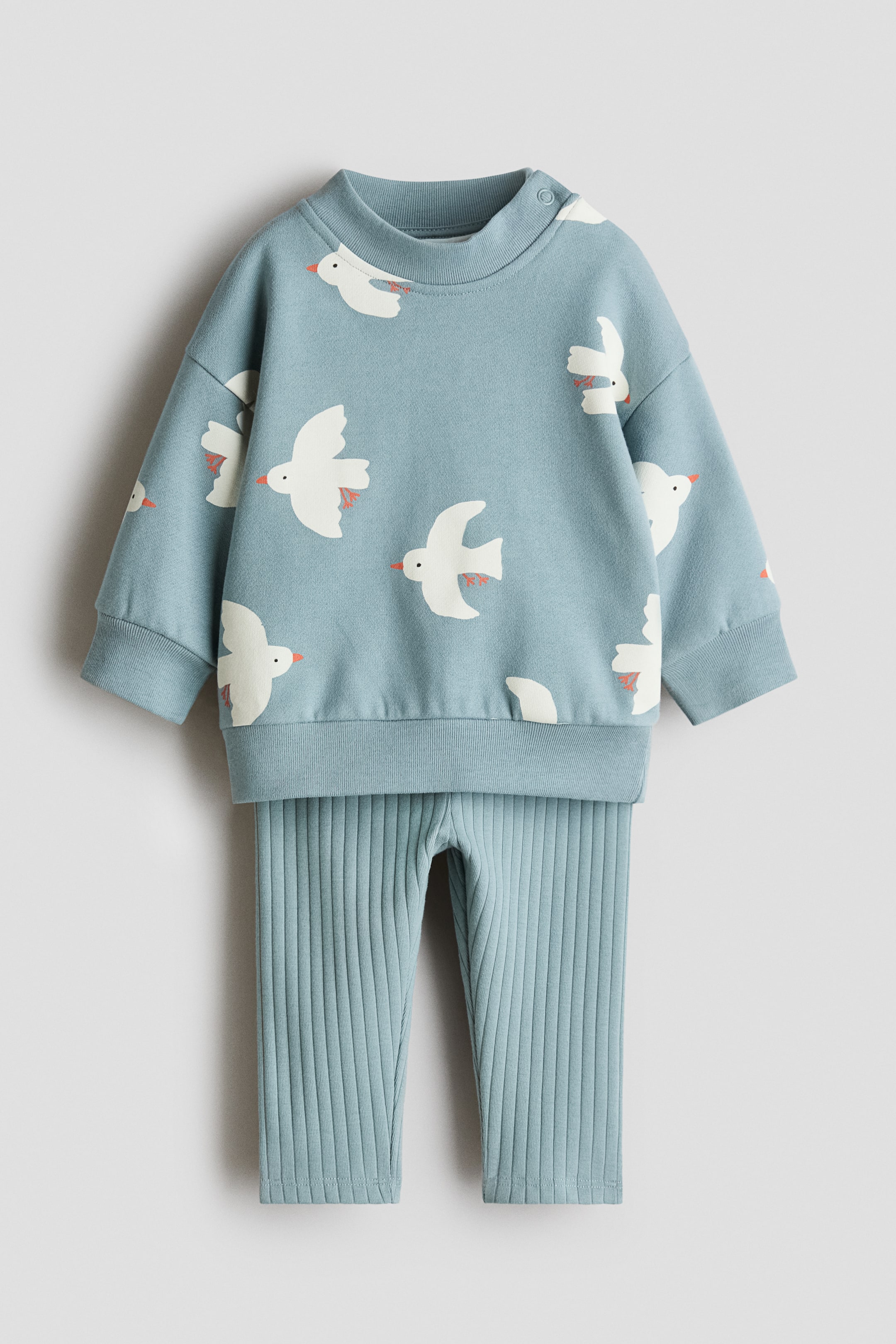 Ver imagen más grande: Un conjunto de dos piezas para bebé en azul claro se presenta de frente. La sudadera cuenta con un estampado de pájaro blanco con picos y patas naranjas, un cuello redondo acanalado con dos botones de presión en el hombro izquierdo, y puños y dobladillo acanalados. Los pantalones coordinados en azul claro muestran una textura acanalada vertical.