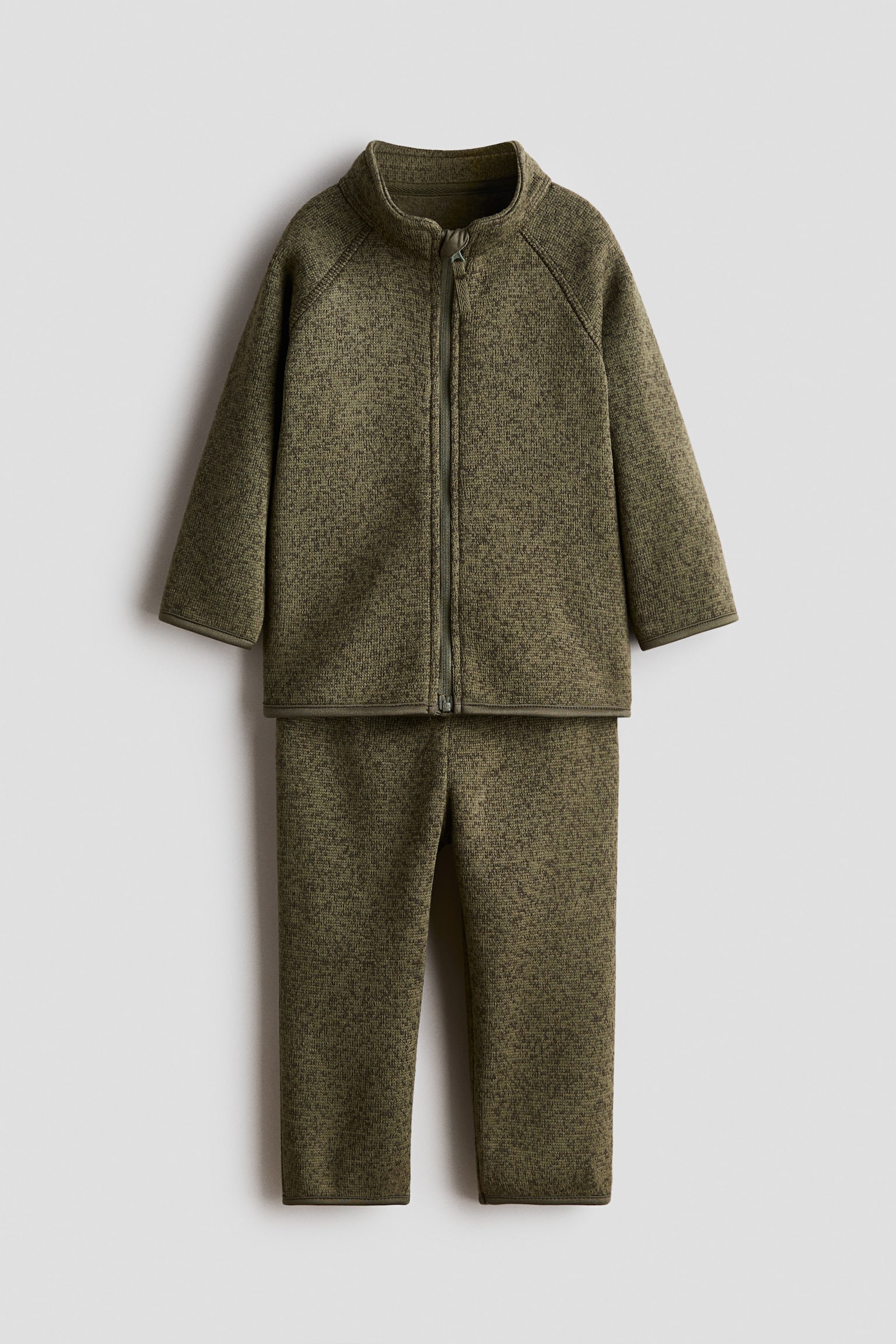 2-piece knitted fleece set - Khaki green/Light beige marl
