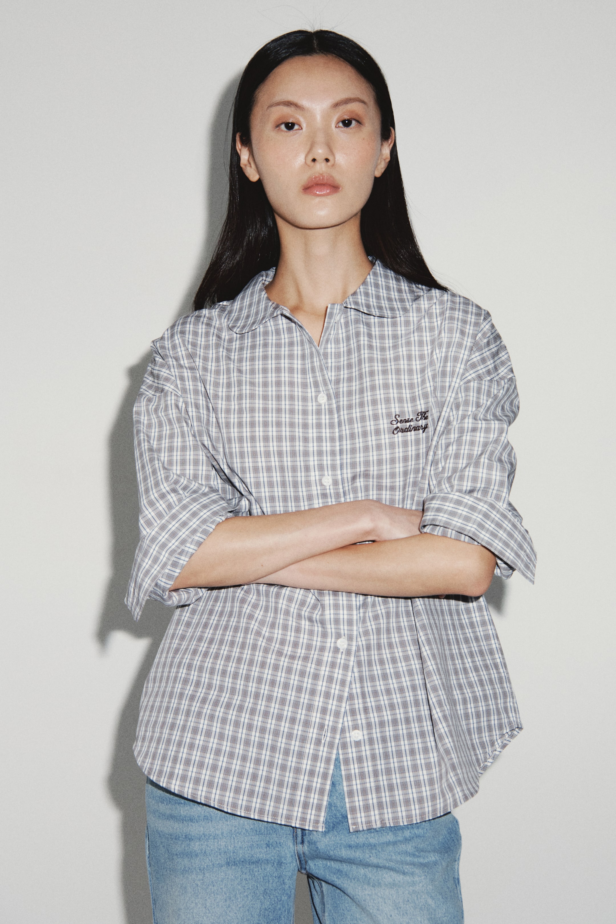 이미지 확대 보기: 코튼 포플린 셔츠 - 브라운/체크 - 여성 | H&M KR 1