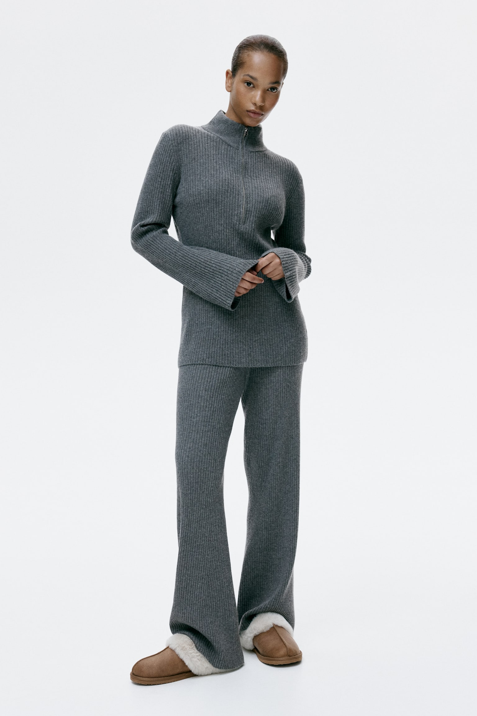 Rib-knit zip-top jumper - Grey marl/Dark brown - 6