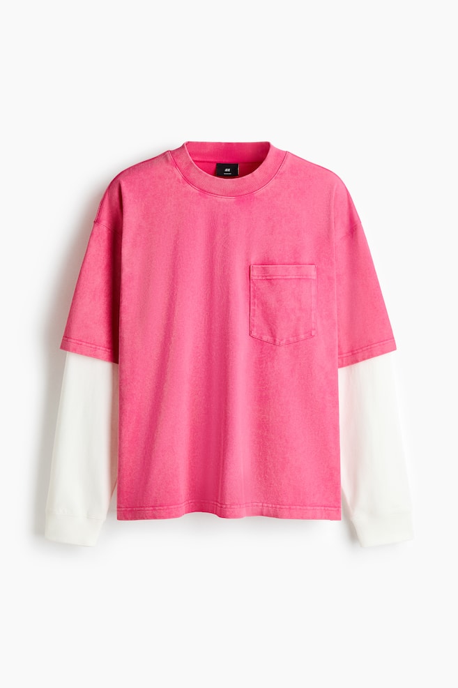 Oversized Layered Cotton Shirt - Bright pink/color block - 1