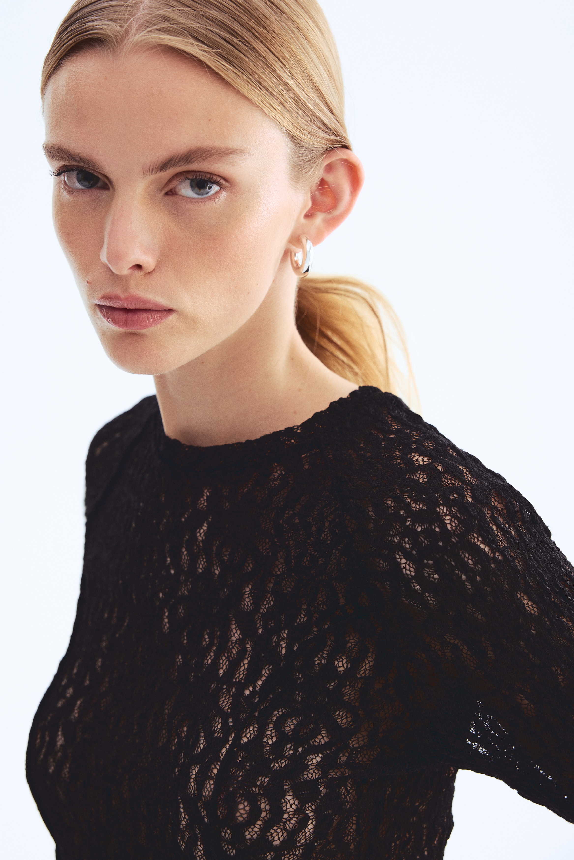 Ladies - Black Lace-look jersey top - Size: S  - H&M