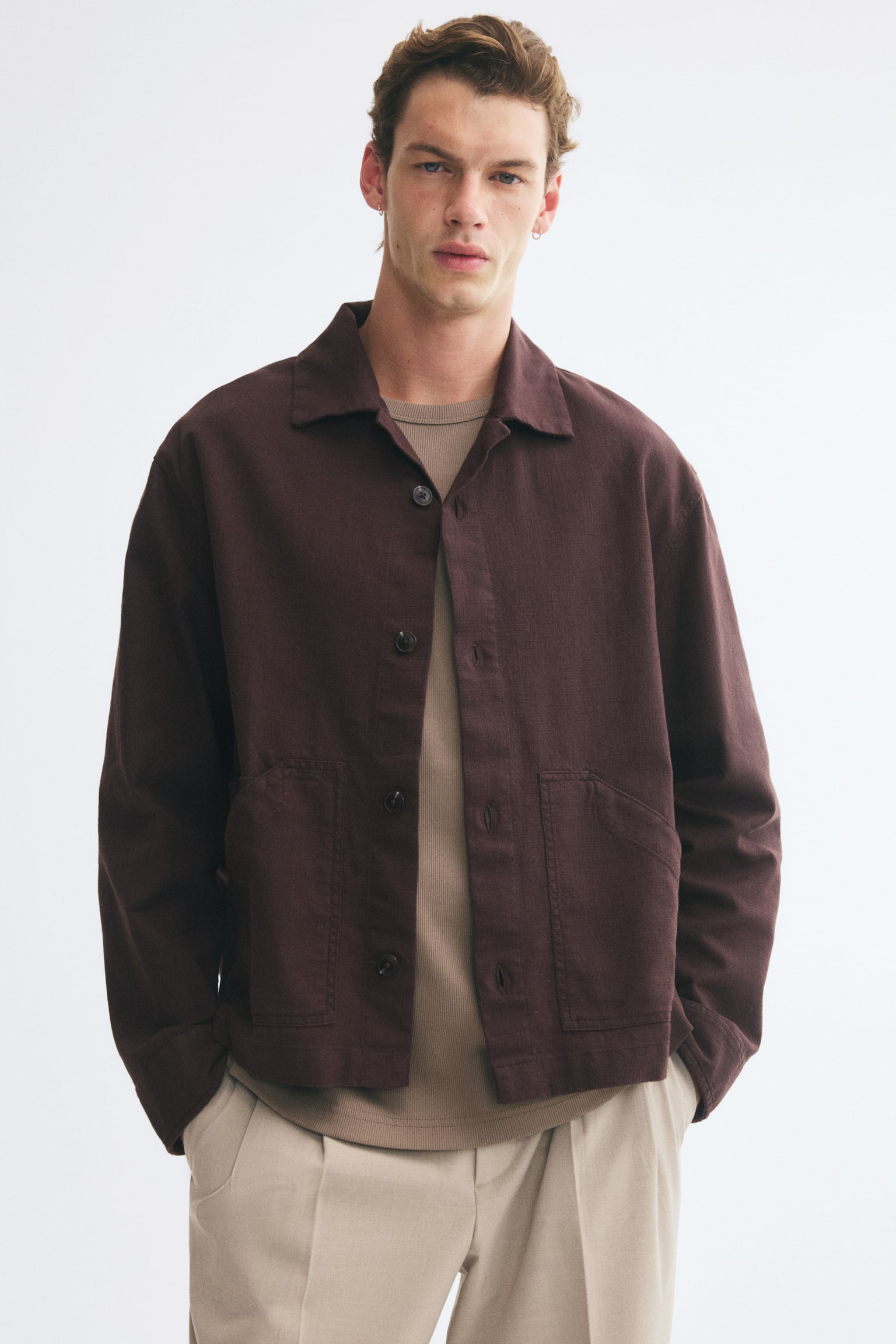 Мужская рубашка H&M Cotton Resort Overshirt, цвет: Тёмный коричневый — фото 2