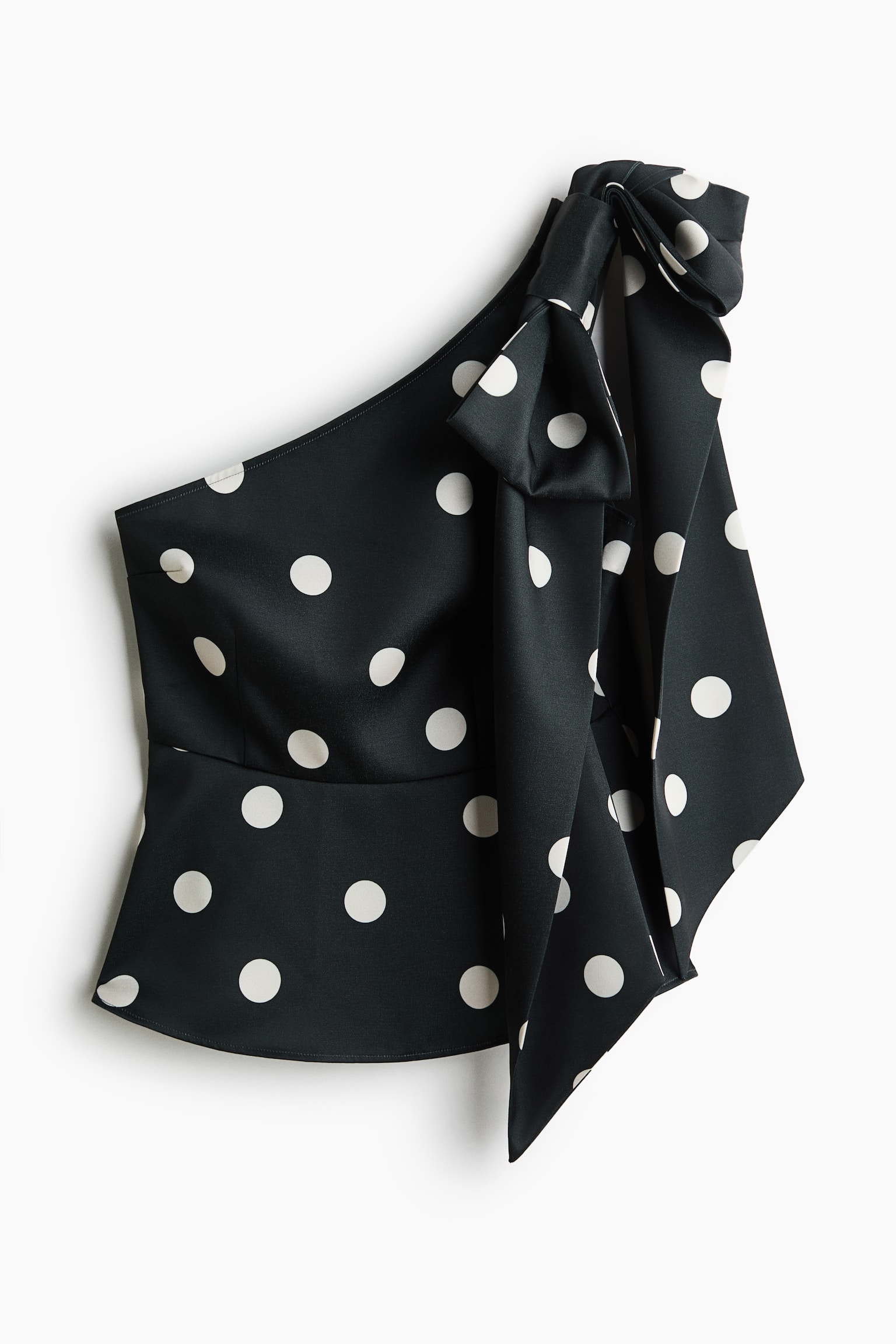 Женский топ H&M Bow-Detail One-Shoulder, цвет: Чёрный / В горошек — фото 1