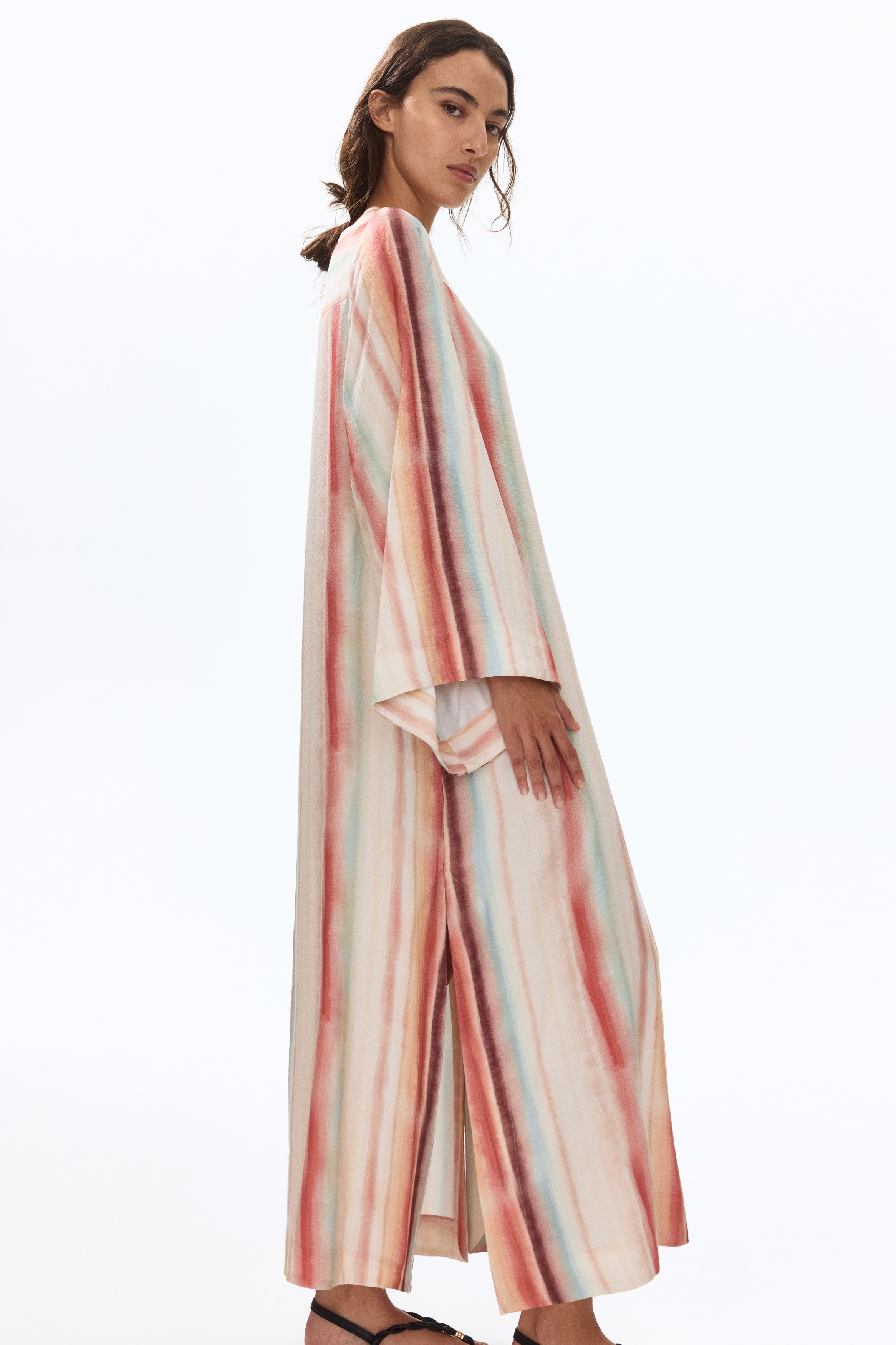 Viscose-blend kaftan dress - Peach pink/Striped