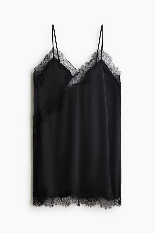 Cămașă de noapte din satin cu dantelă - Negru/Maro-închis/buline - 1
