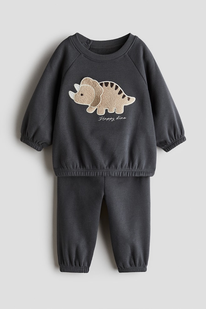 2-piece teddy-detail sweatshirt set - Dark grey/Dinosaur/Beige/Bear - 1