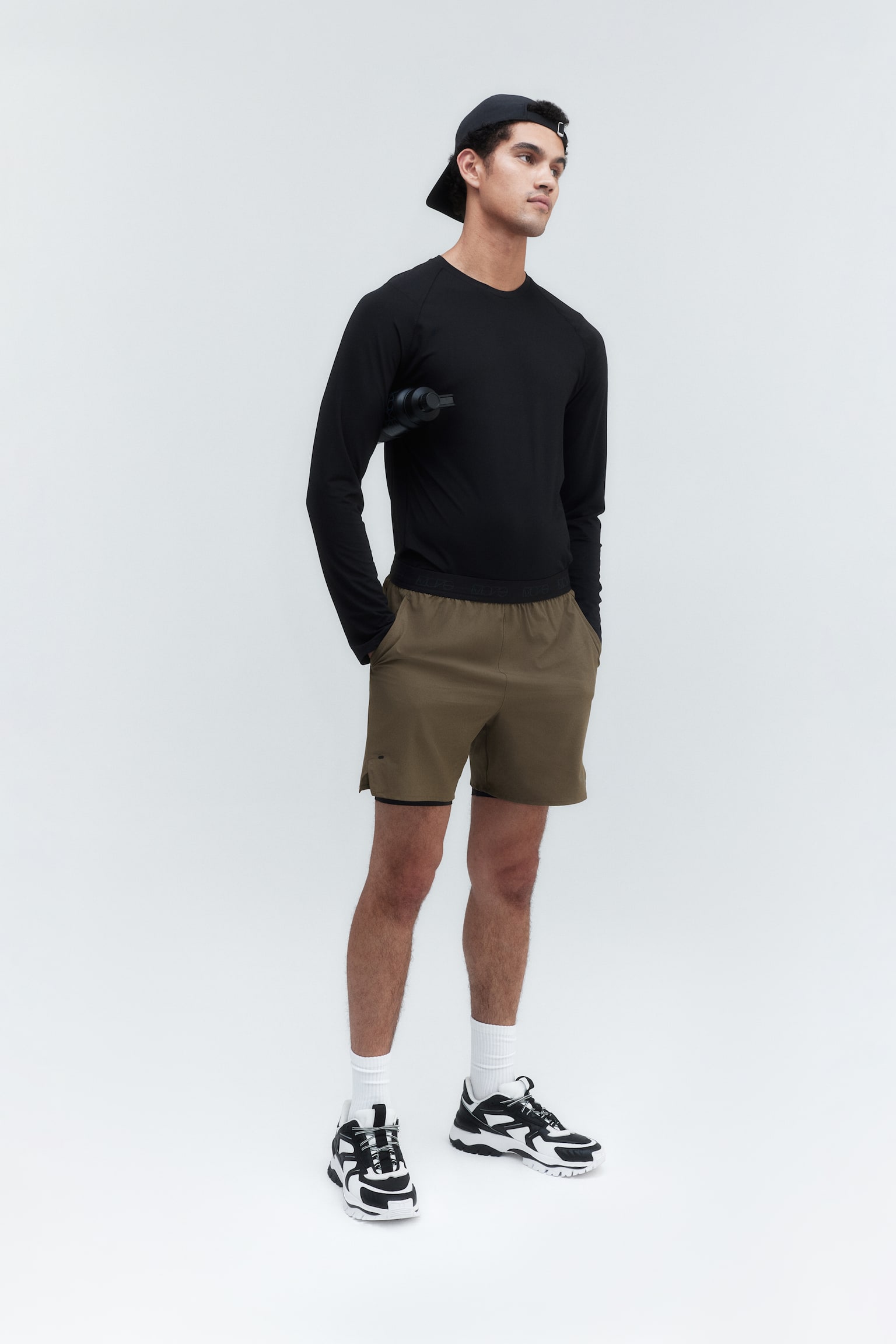 Long 2-in-1 sports shorts in DryMove™ - Khaki green/Black - 1