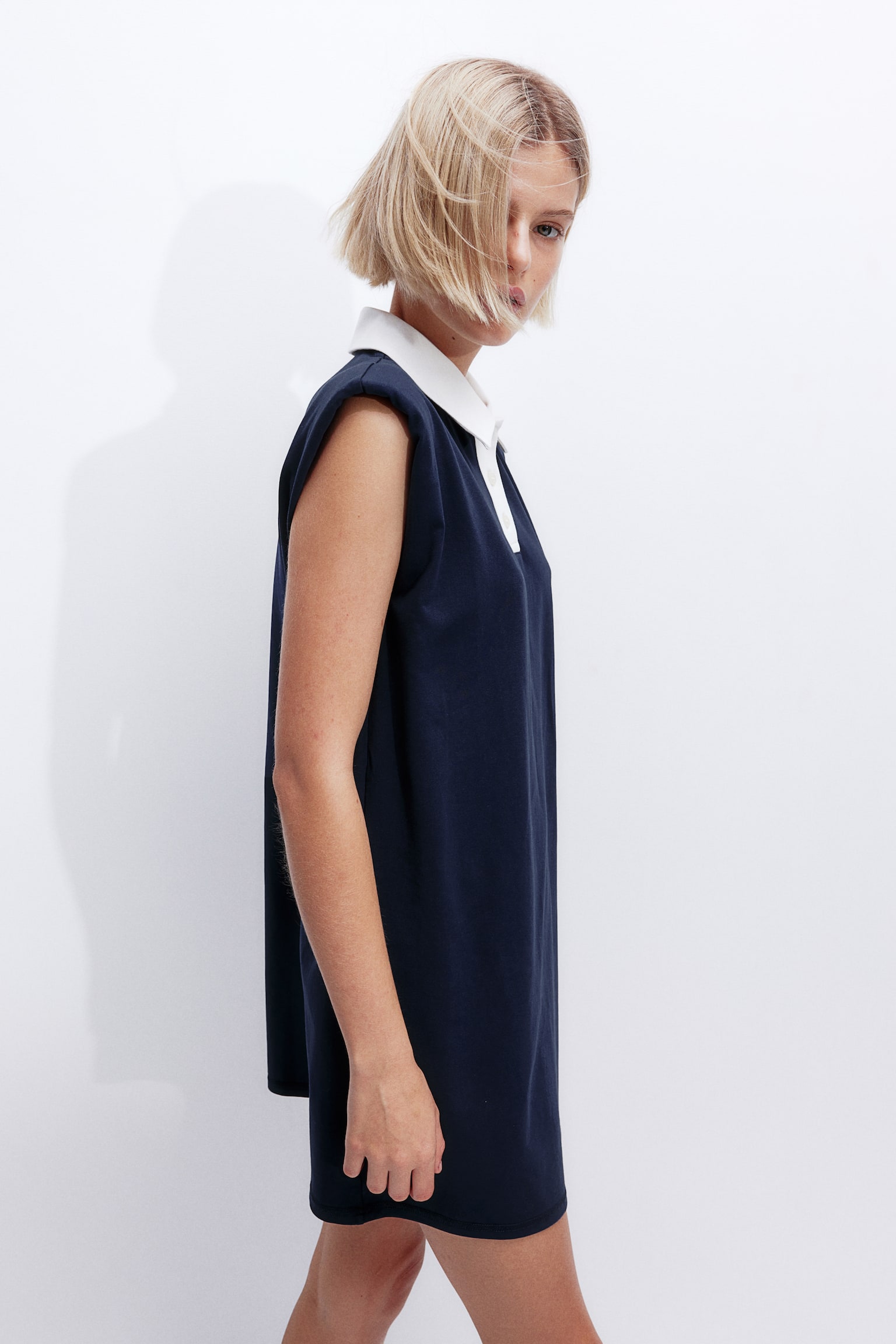 Shoulder-pad polo dress - Navy blue/Cream - 1