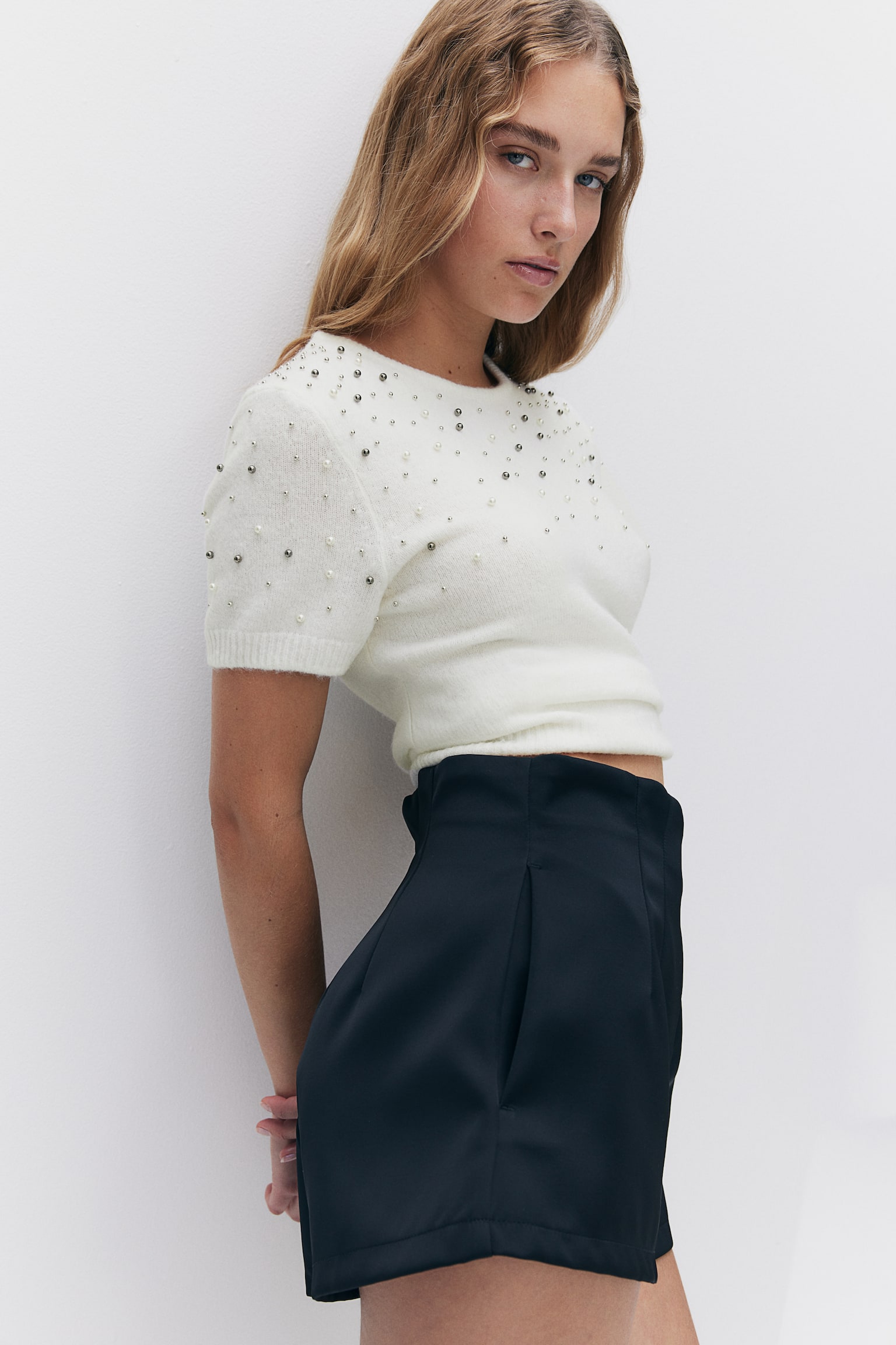 Embellished fine-knit top - Cream/Black - 3