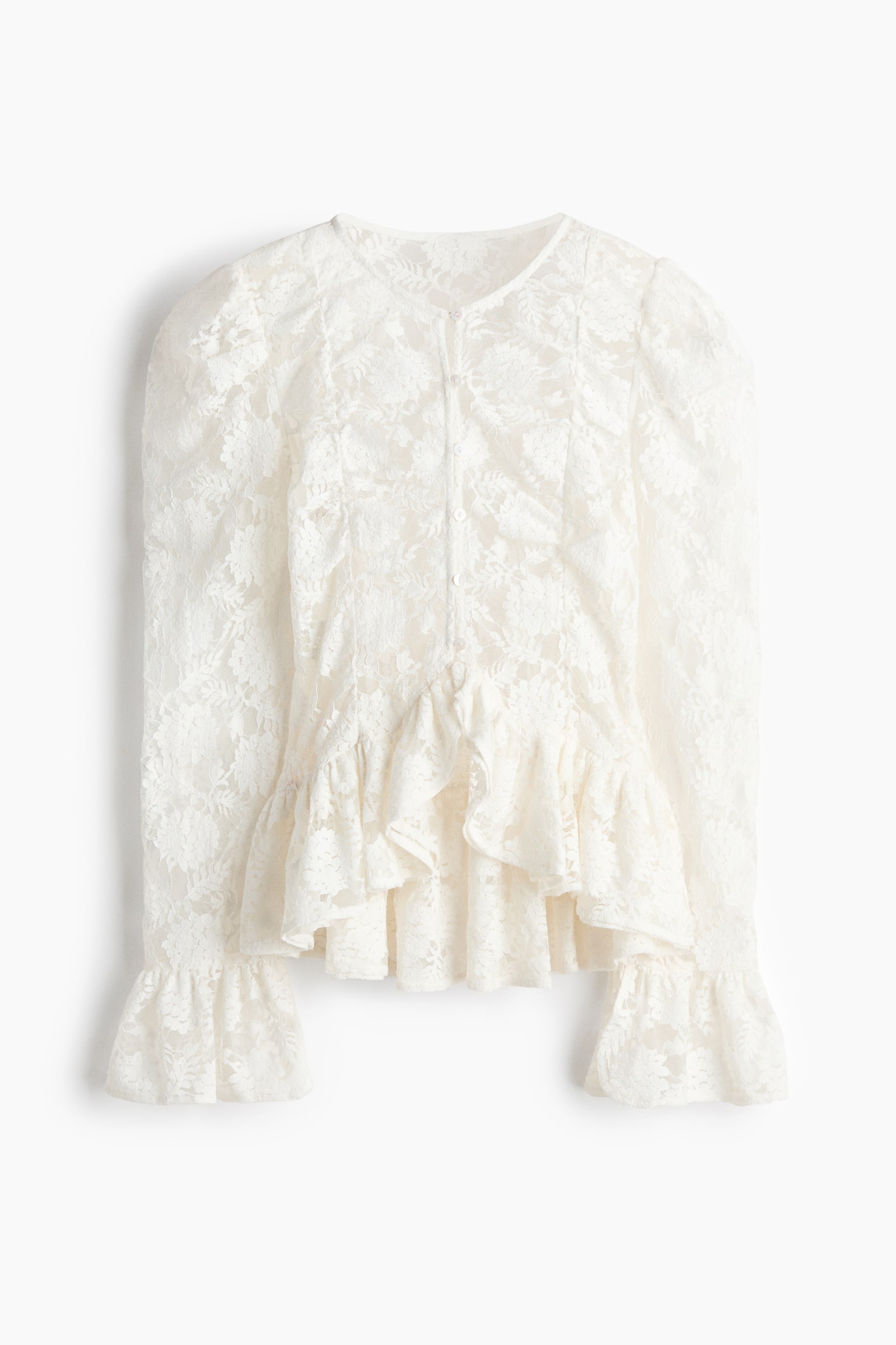Frill-trimmed lace blouse - White - 1