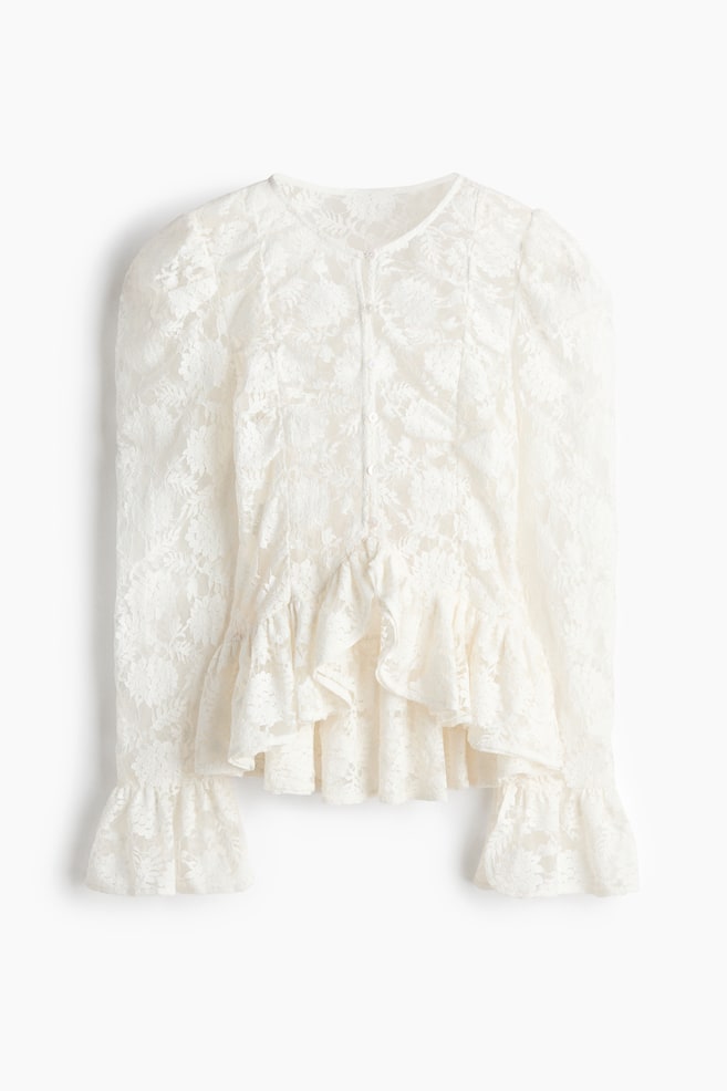 Ruffle-Trimmed Lace Blouse - White - 1