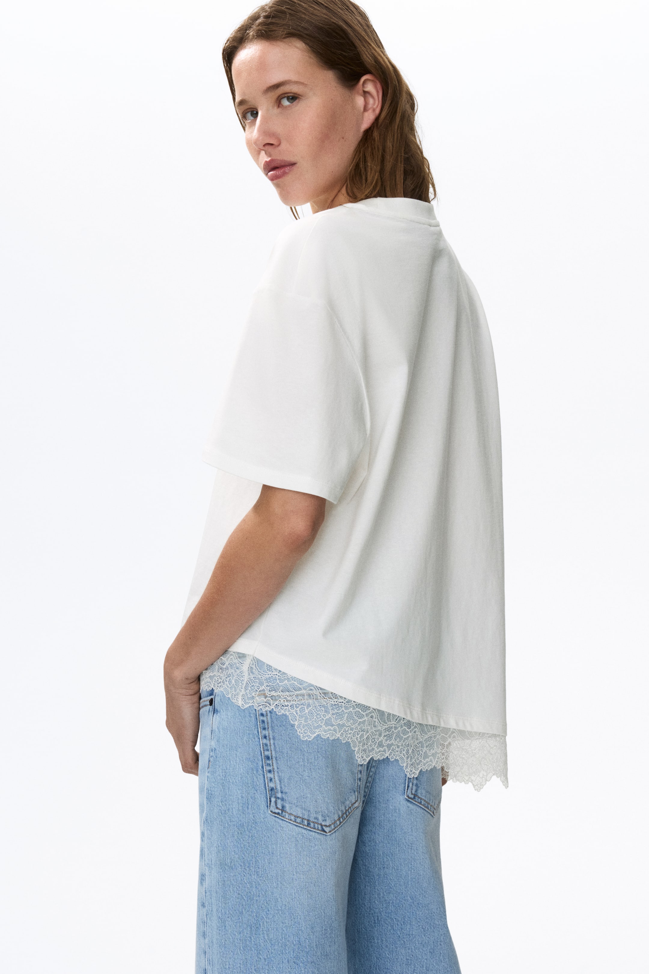 Asymmetric Lace-Trimmed T-Shirt