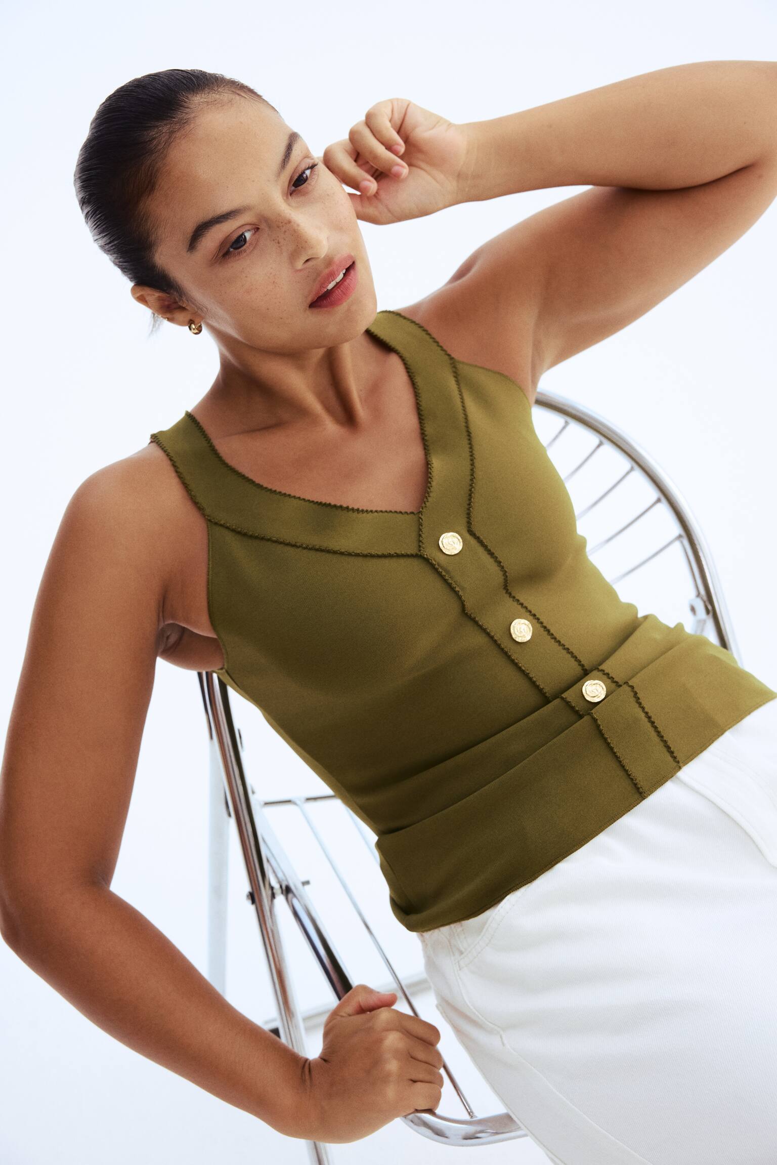 Düğme Detaylı Kolsuz Üst - Haki/Mavi - 6