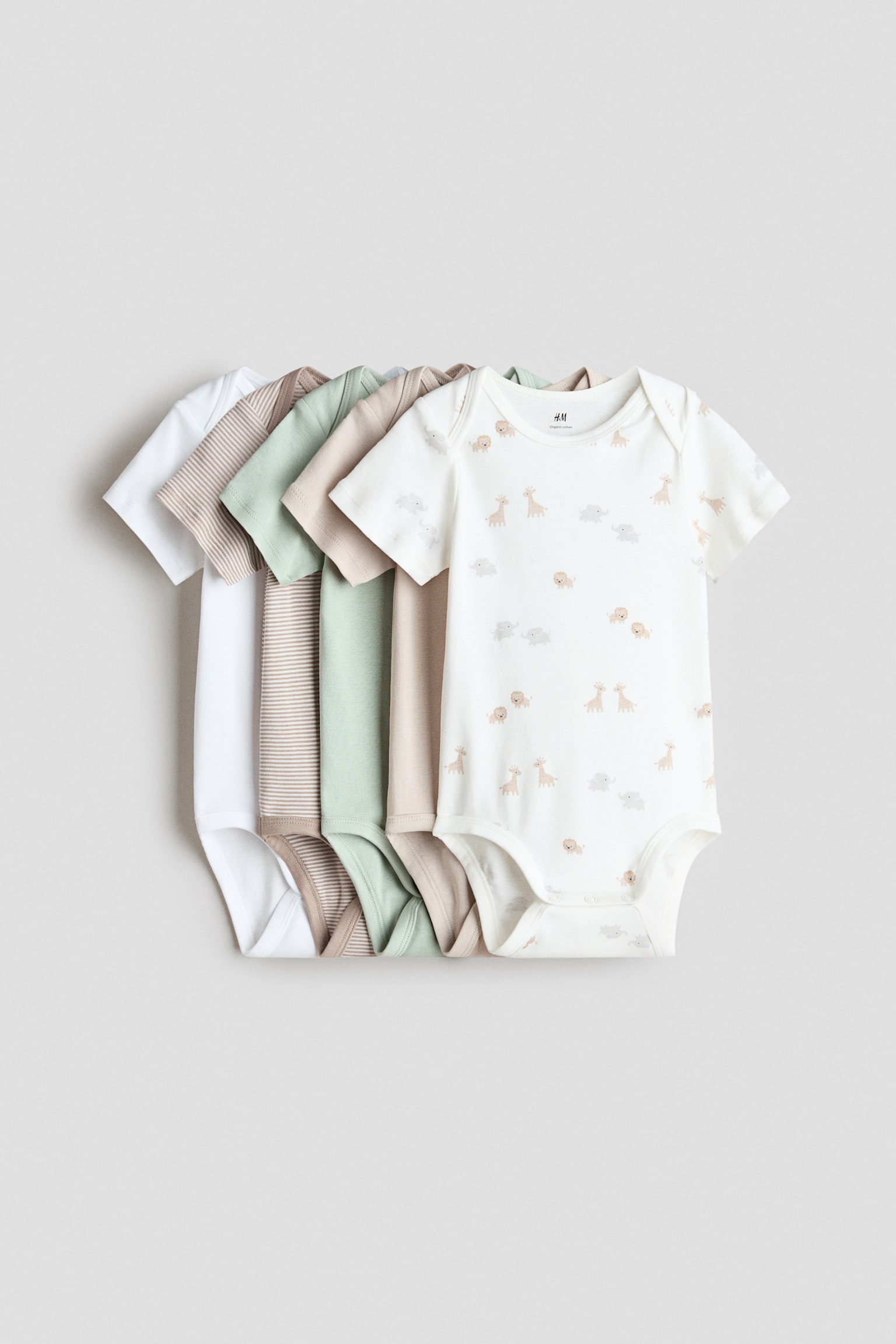 5-pack cotton bodysuits - White/Animals/Grey/Striped/Blue/Anchors/Light blue/Dinosaurs/Light beige/Dogs/Pink/Berries/Pink/Hearts/Beige/Bunny/Light green/Turtles/Light green/Spotted/Pink/Hearts/Pink/Striped/Brown/Elephants/Beige/Light dusty green - 1