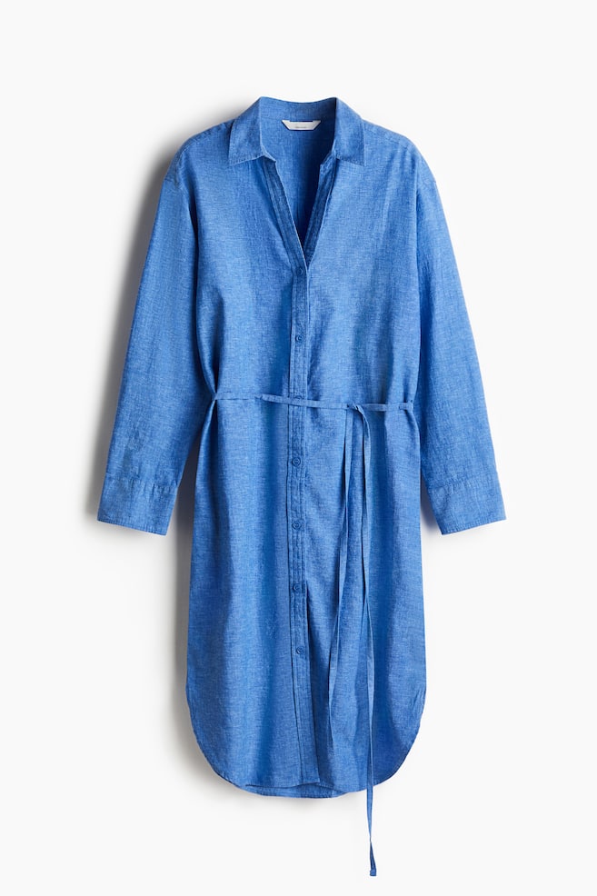 Linen-blend shirt dress - Blue - 1
