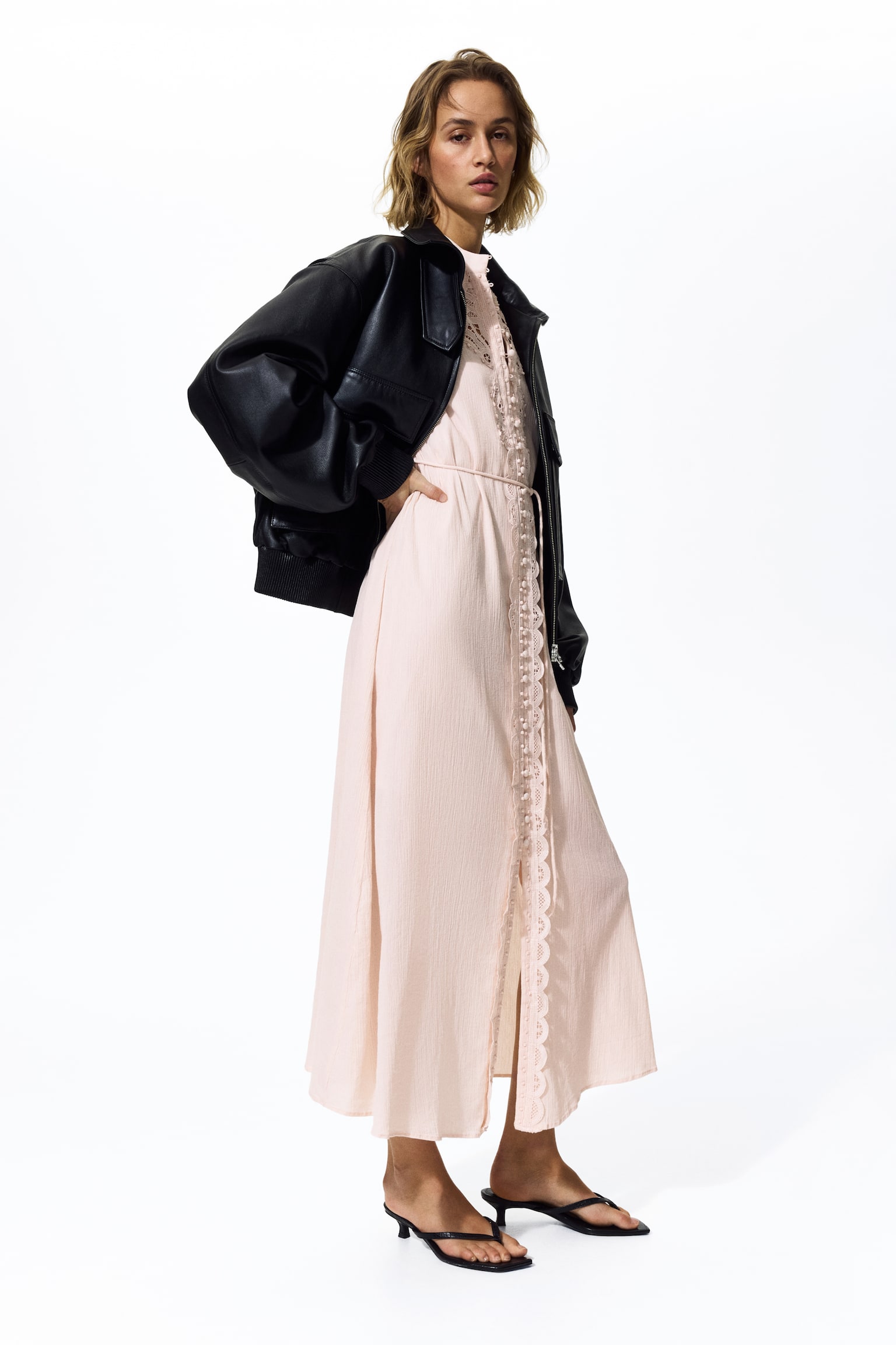 Lace-detail cotton dress - Light pink/Cream/Dark brown - 4