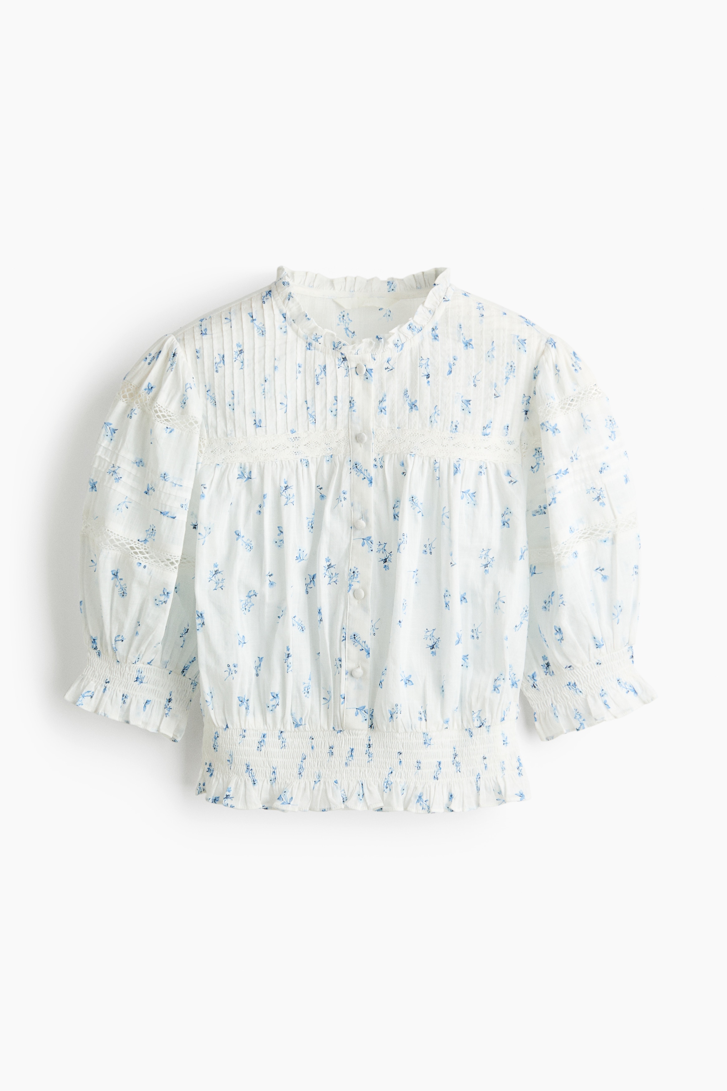 Pintucked cotton blouse - White/Floral/White/Light yellow