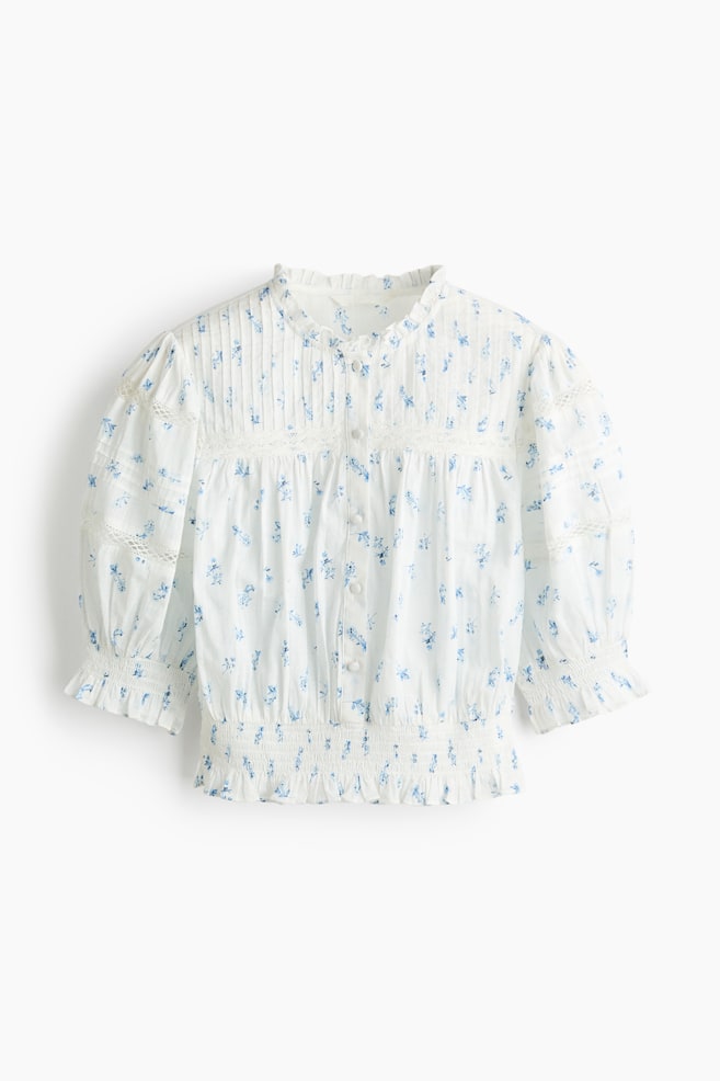 Blouse en coton avec plis nervure - Blanc/fleuri/Jaune clair/Blanc - 1