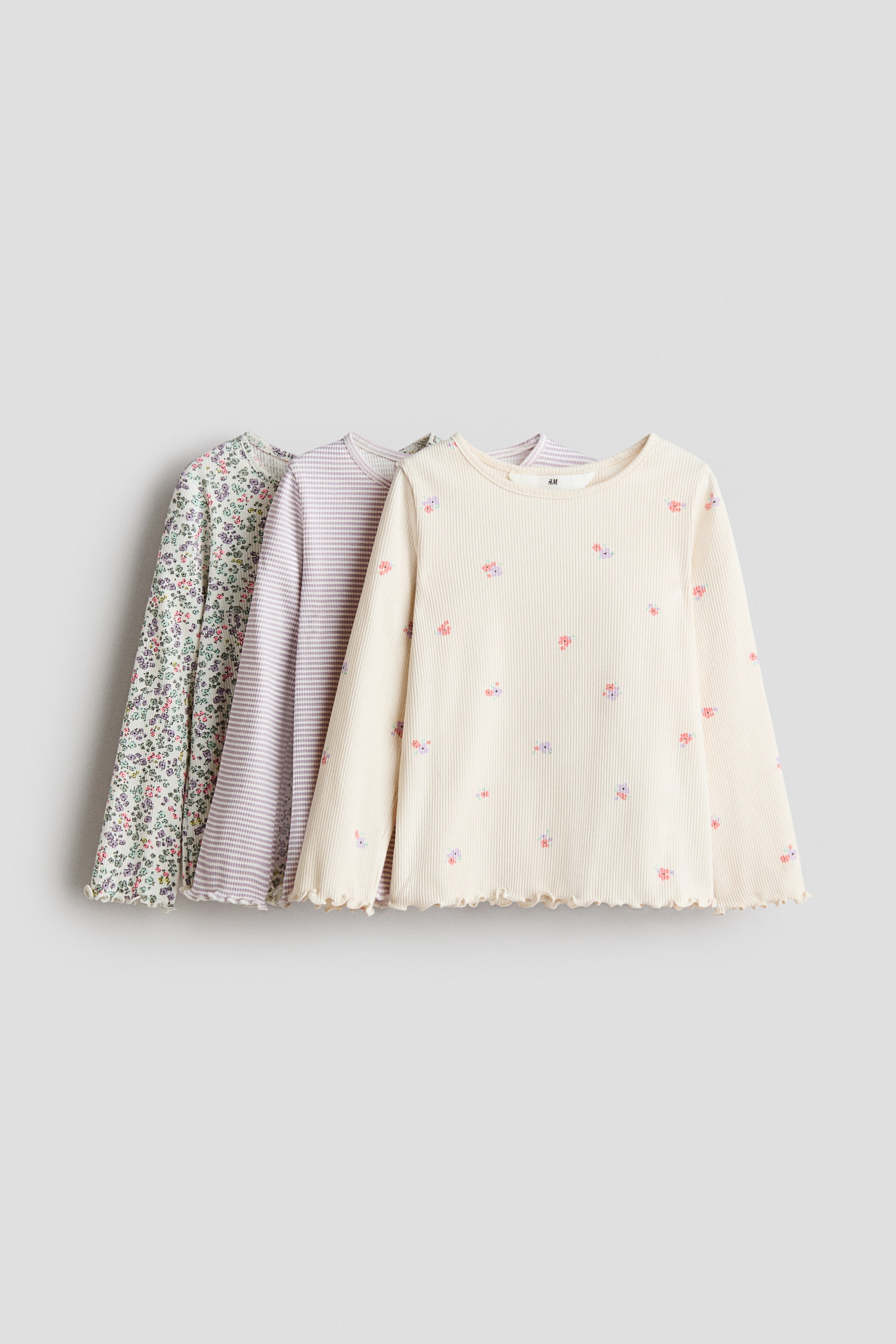 拡大画像を表示: リブジャージートップス 3枚セット - ライトベージュ／フローラル - Kids | H&M JP 1