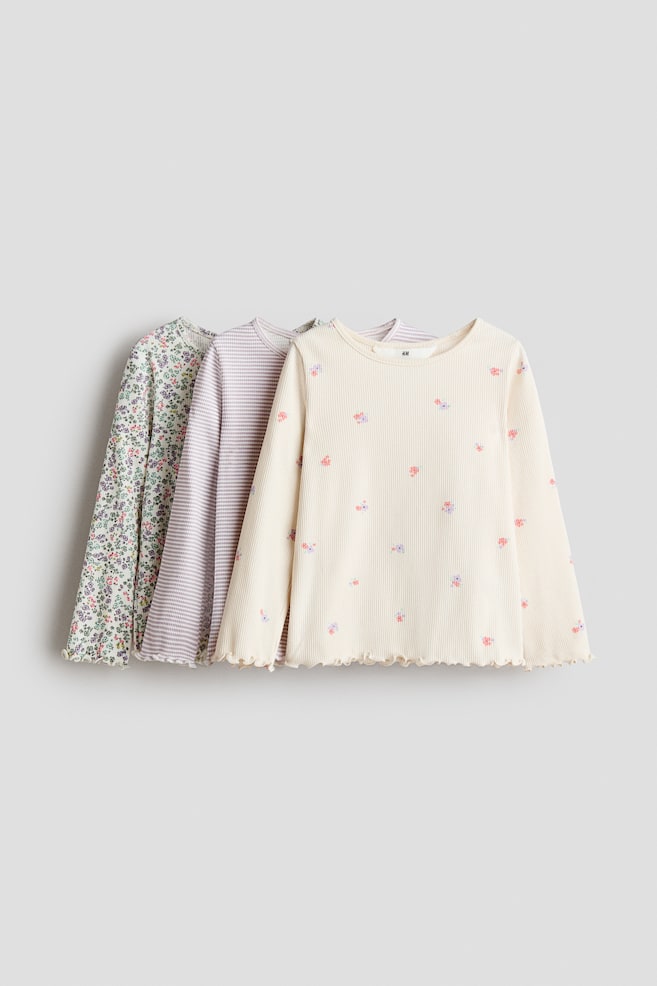 Set van 3 tops van ribtricot - Lichtbeige/bloemen - 1