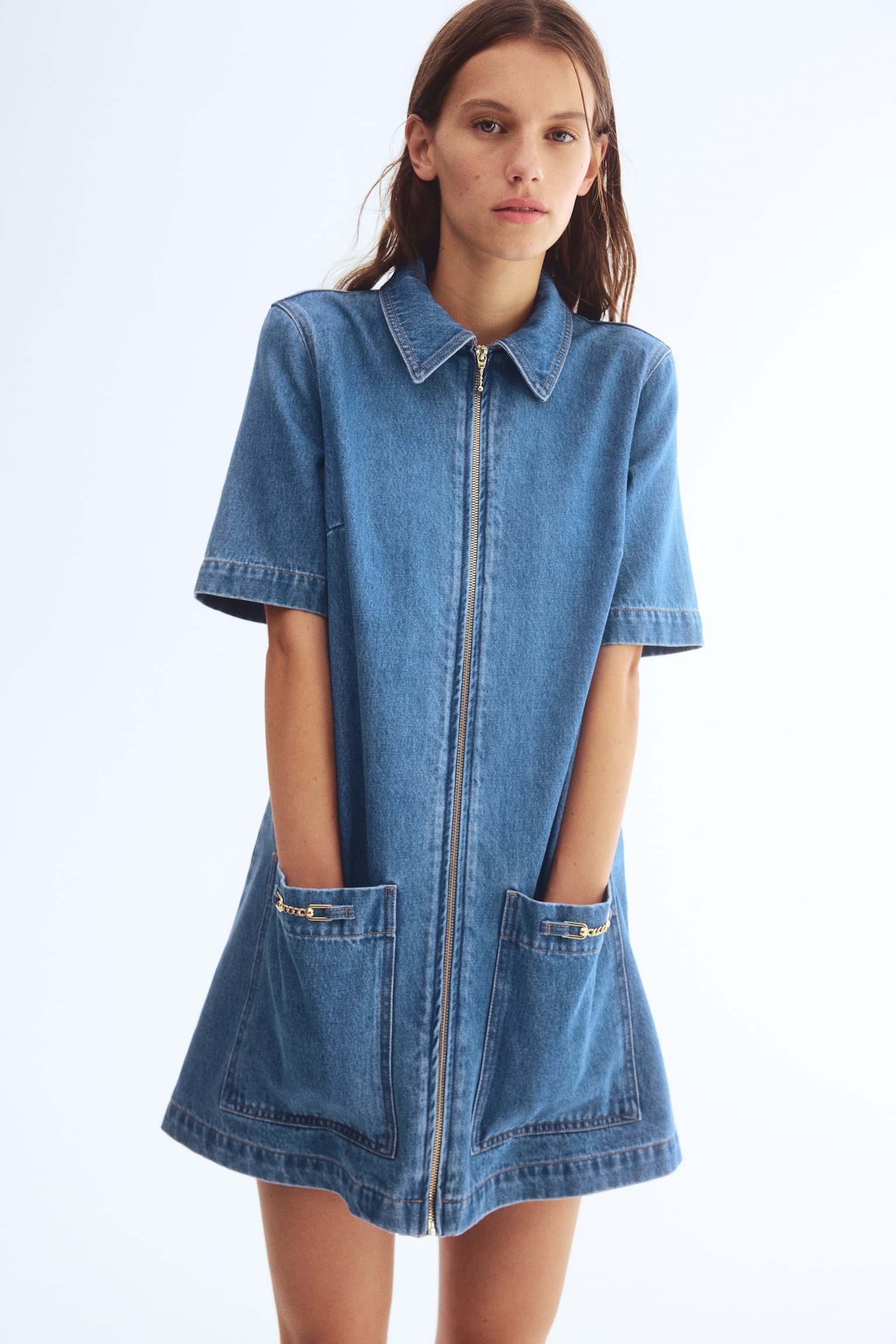 Vestido de denim con zíper al frente - Azul denim - 5