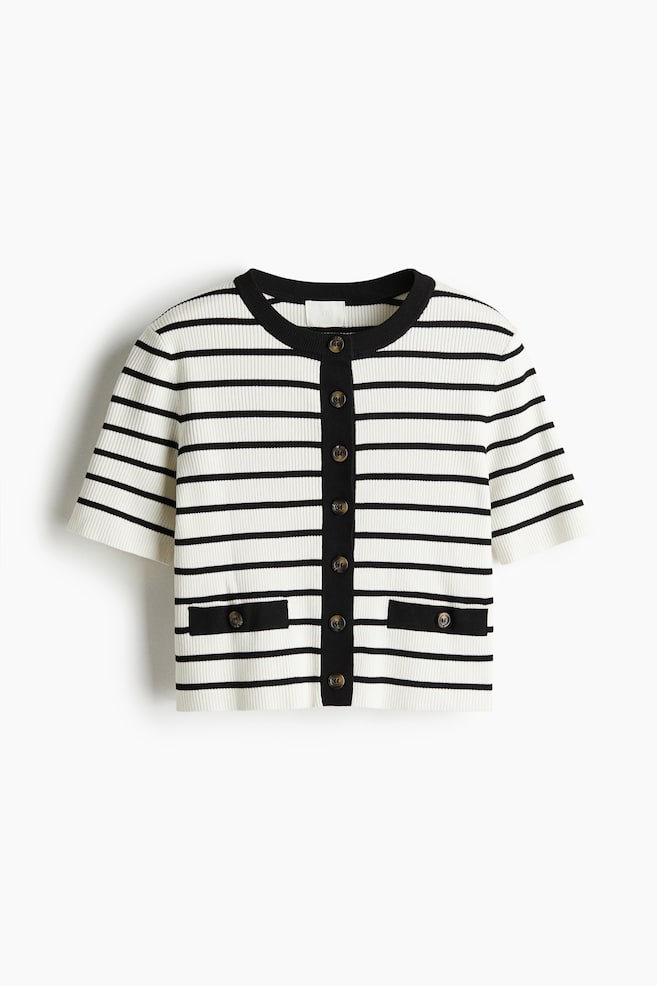 Short rib-knit cardigan - White/Black striped - 1
