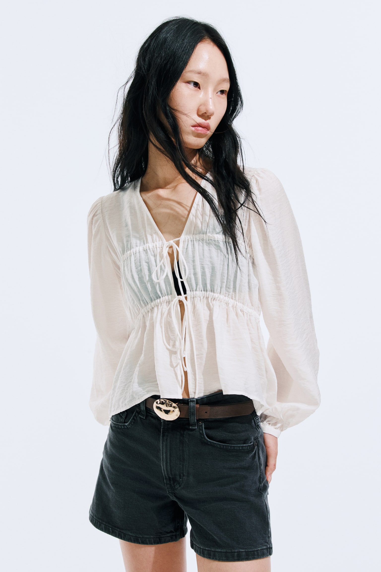 Gathered tie-front blouse - Cream - 1