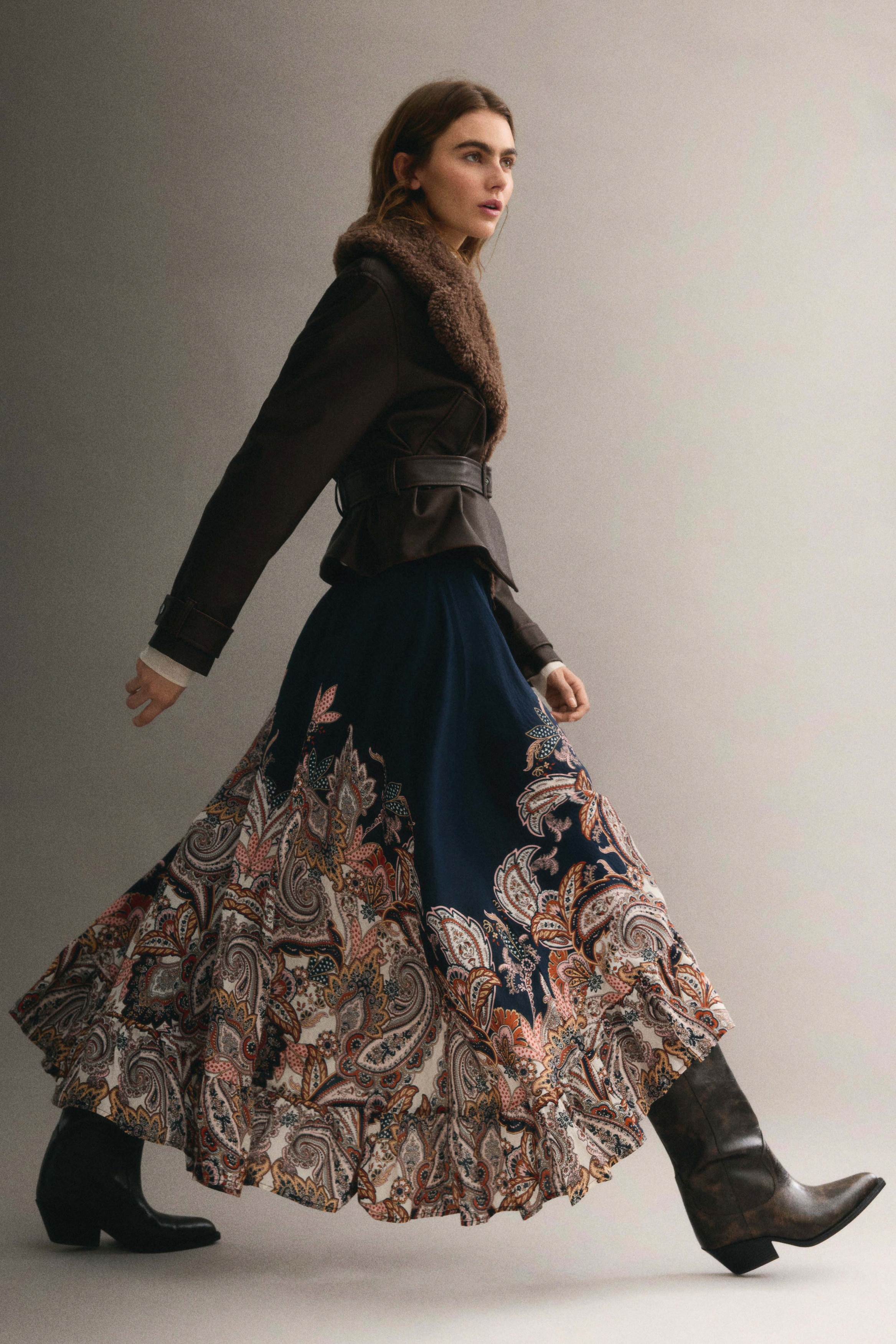 Frill-trimmed maxi skirt - Blu scuro/motivi cashmere