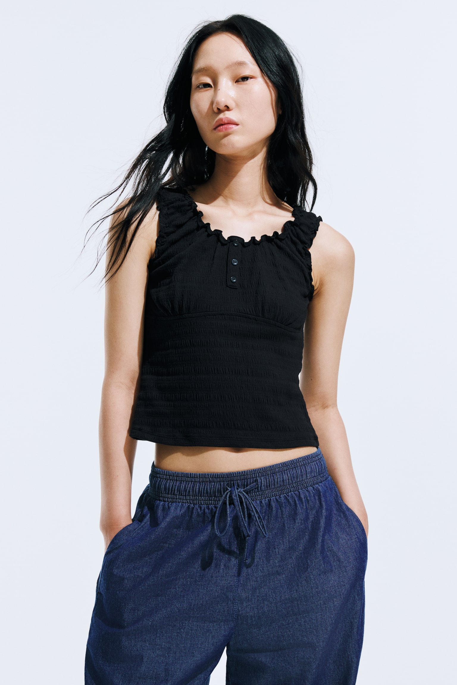 Smocked vest top - Black/Cream - 1