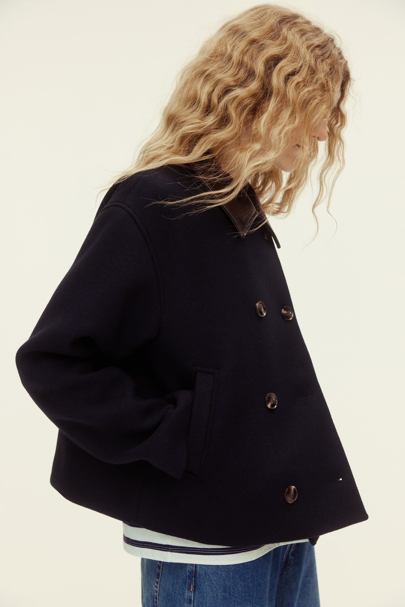 Wool-blend pea coat - Navy blue - 1