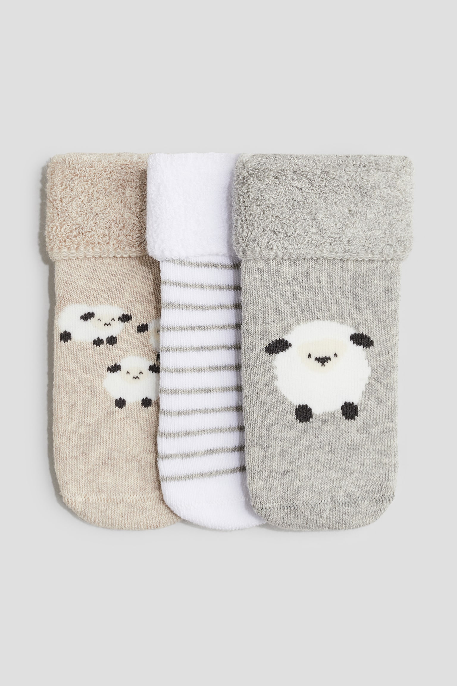 Pack de 3 pares de meias em turco - Cinzento/Ovelha/Cinzento/Pinguim/Preto/Cães/Vermelho/Urso/Branco/Corações/Rosa claro/Coelhinho - 1