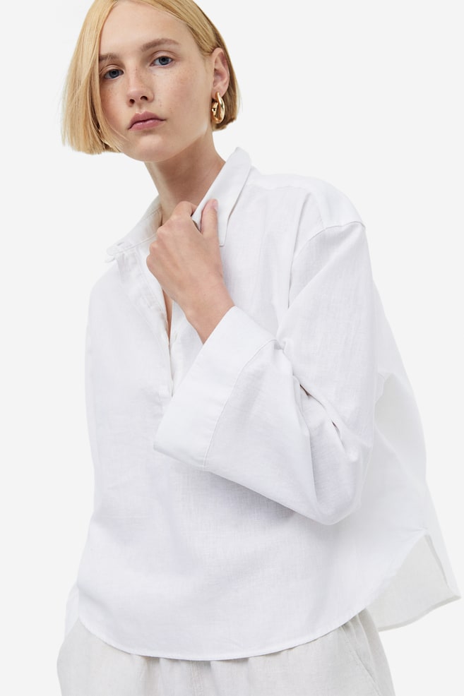 Popover-skjorte i hørblanding - Hvid/Brun - 5
