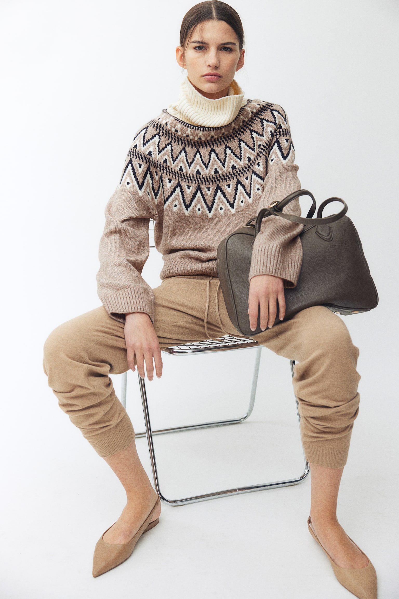 Jacquard-knit polo-neck jumper - Greige/Patterned/Light beige marl/Patterned/Navy blue/Patterned - 5