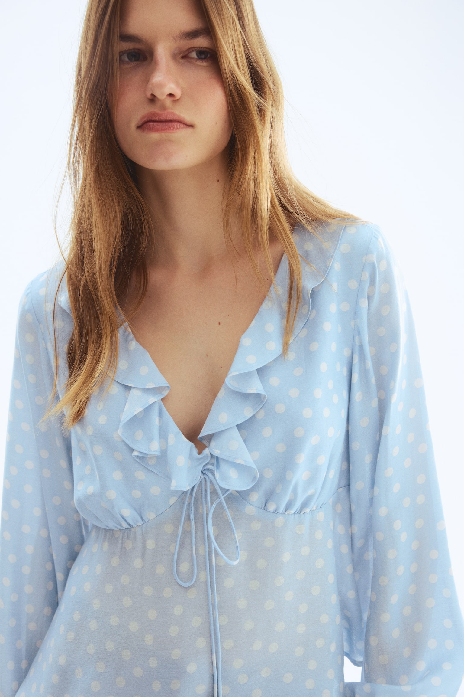 Flounce-trimmed blouse - Light blue/Polka dot - 5