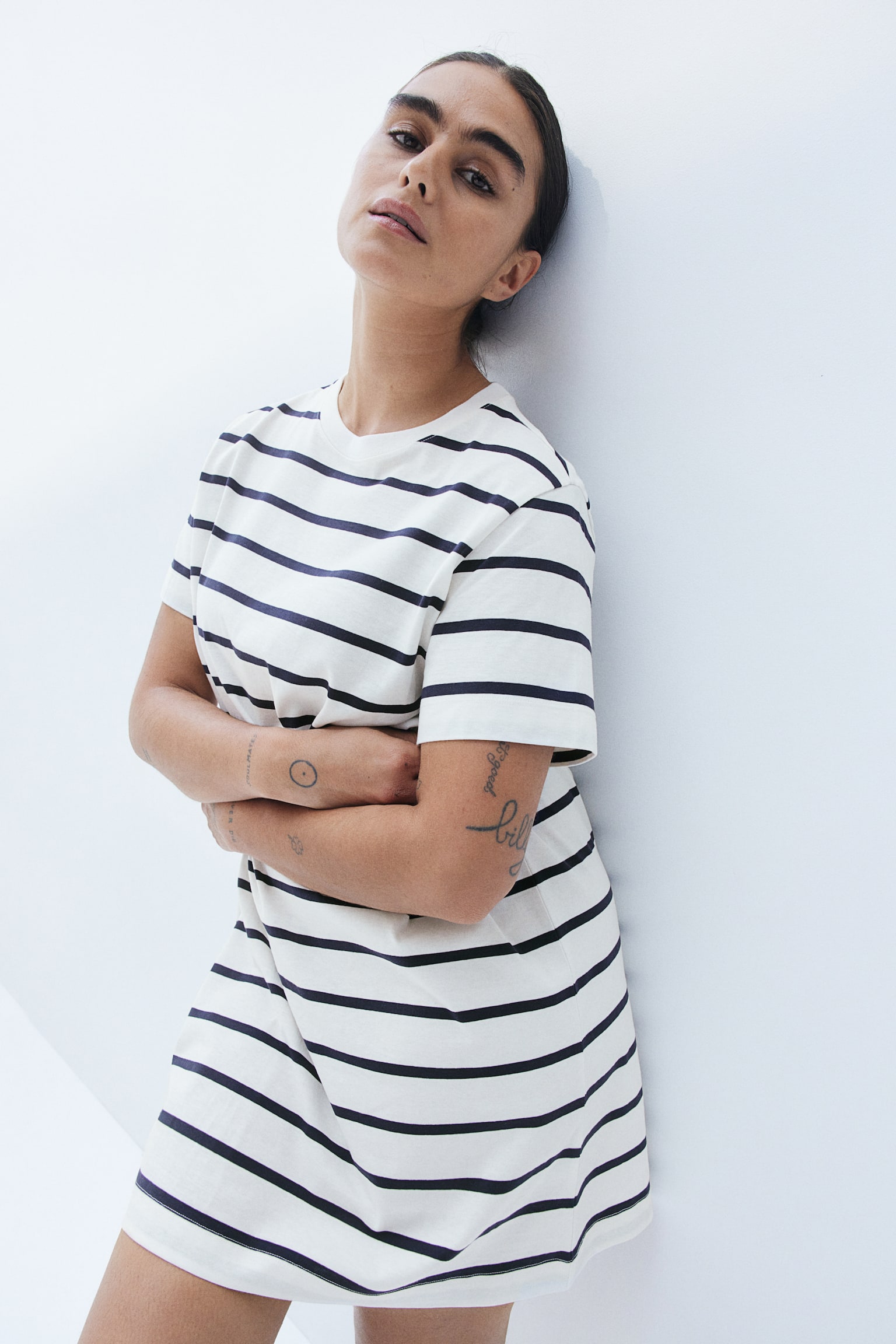 Cotton T-shirt dress - White/Black striped/Black/Light beige/Striped/White/Black striped/Light beige - 6