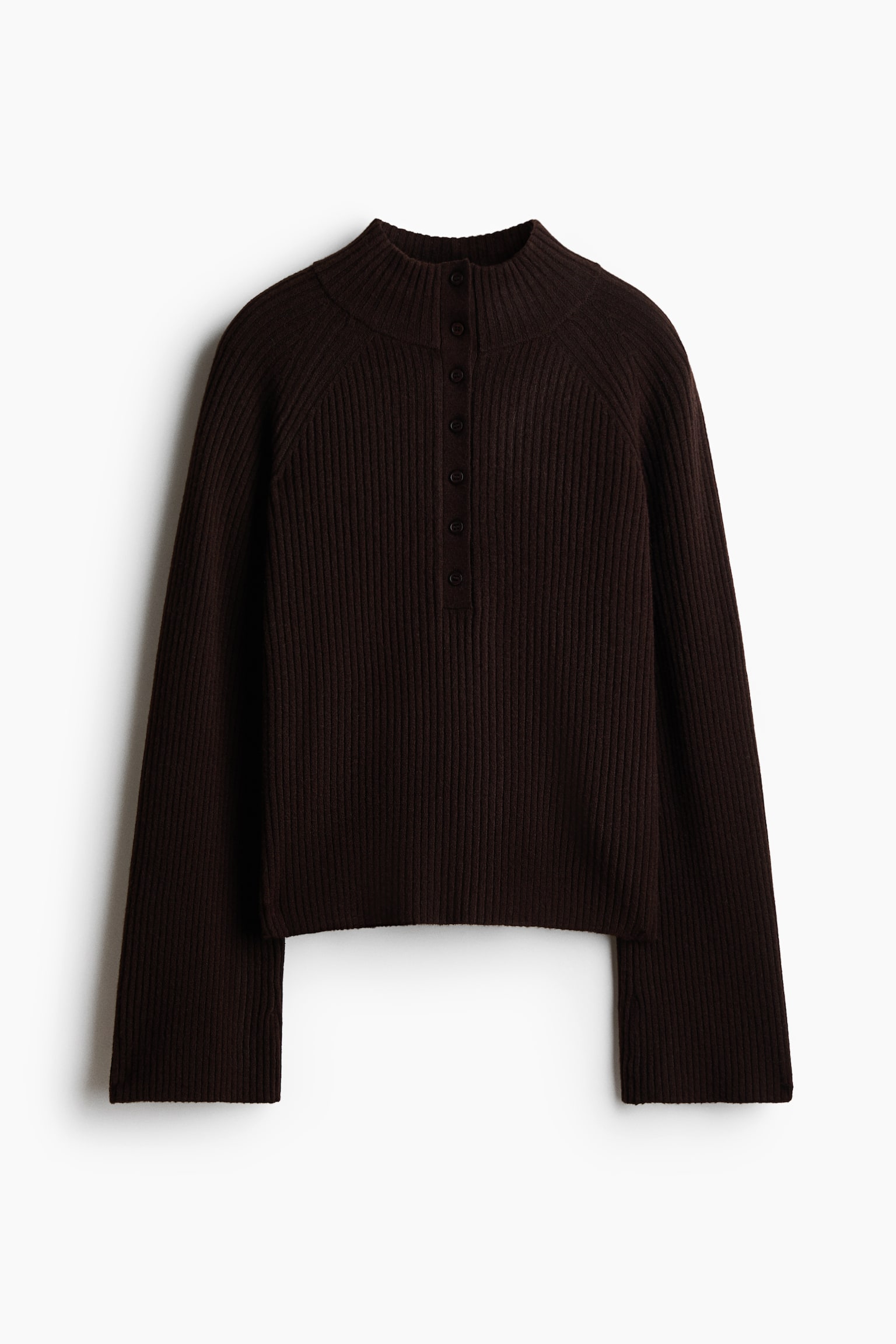 Pull en maille côtelée avec col cheminée - Marron foncé/Grège - 1