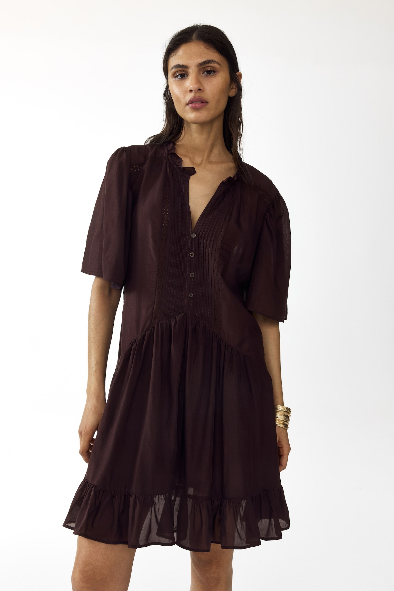 Viscose-blend tunic dress - Dark brown/Cream - 6