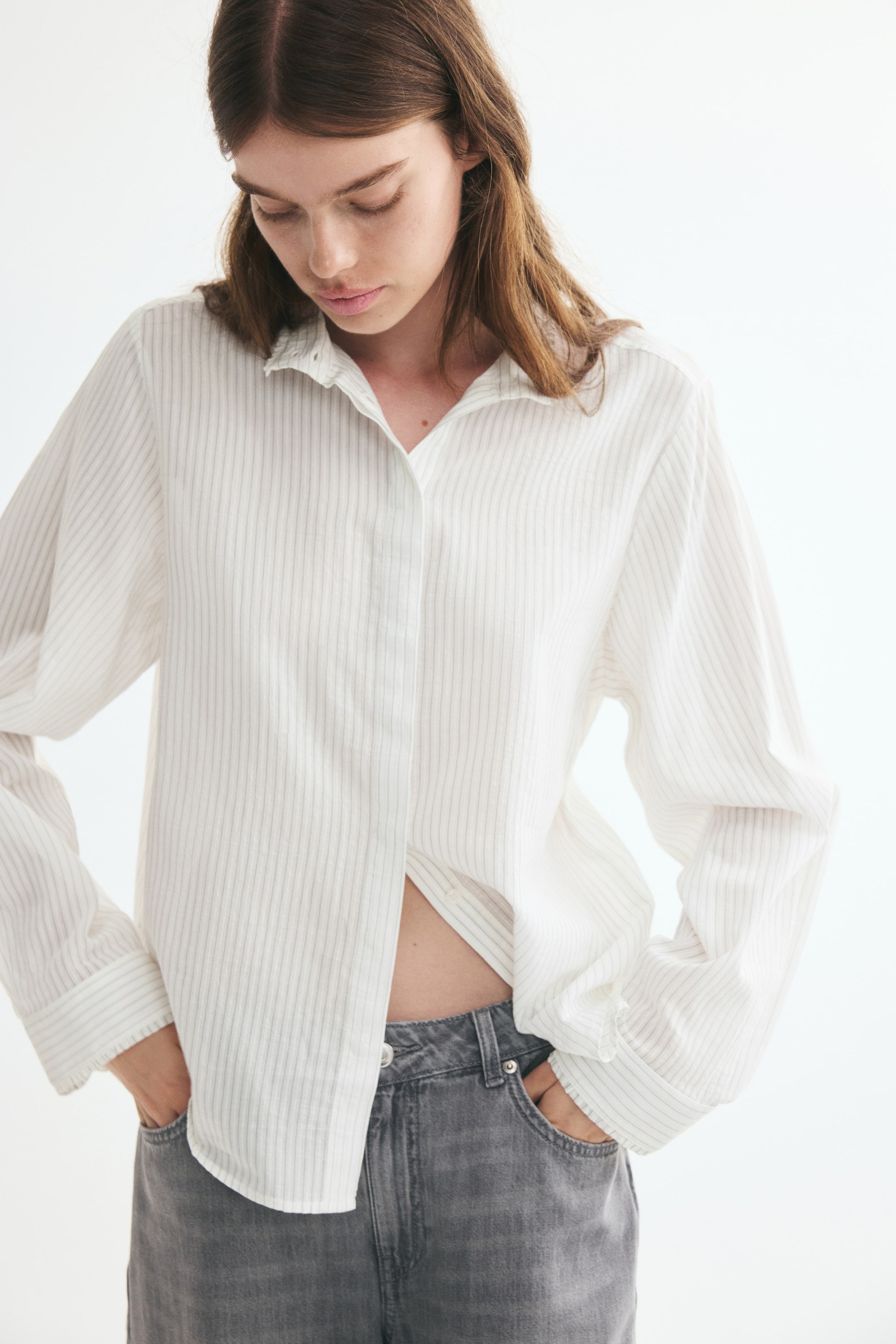 View larger image: Ruffle-Trimmed Stand-Up Collar Shirt - White/striped - Ladies | H&M CA 1