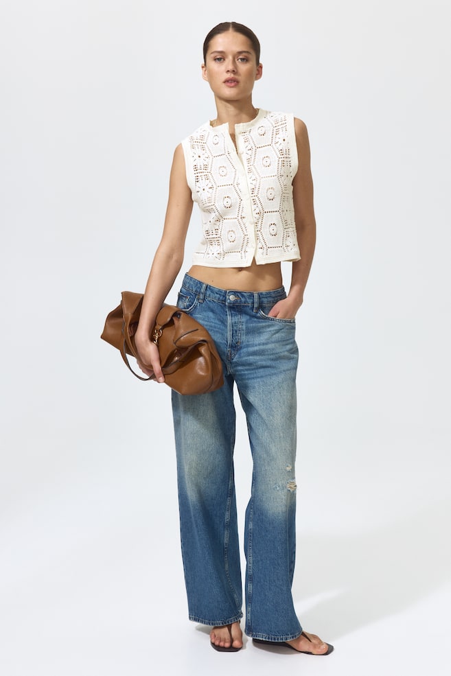 Crochet-Look Button-Front Top-Cream - 5